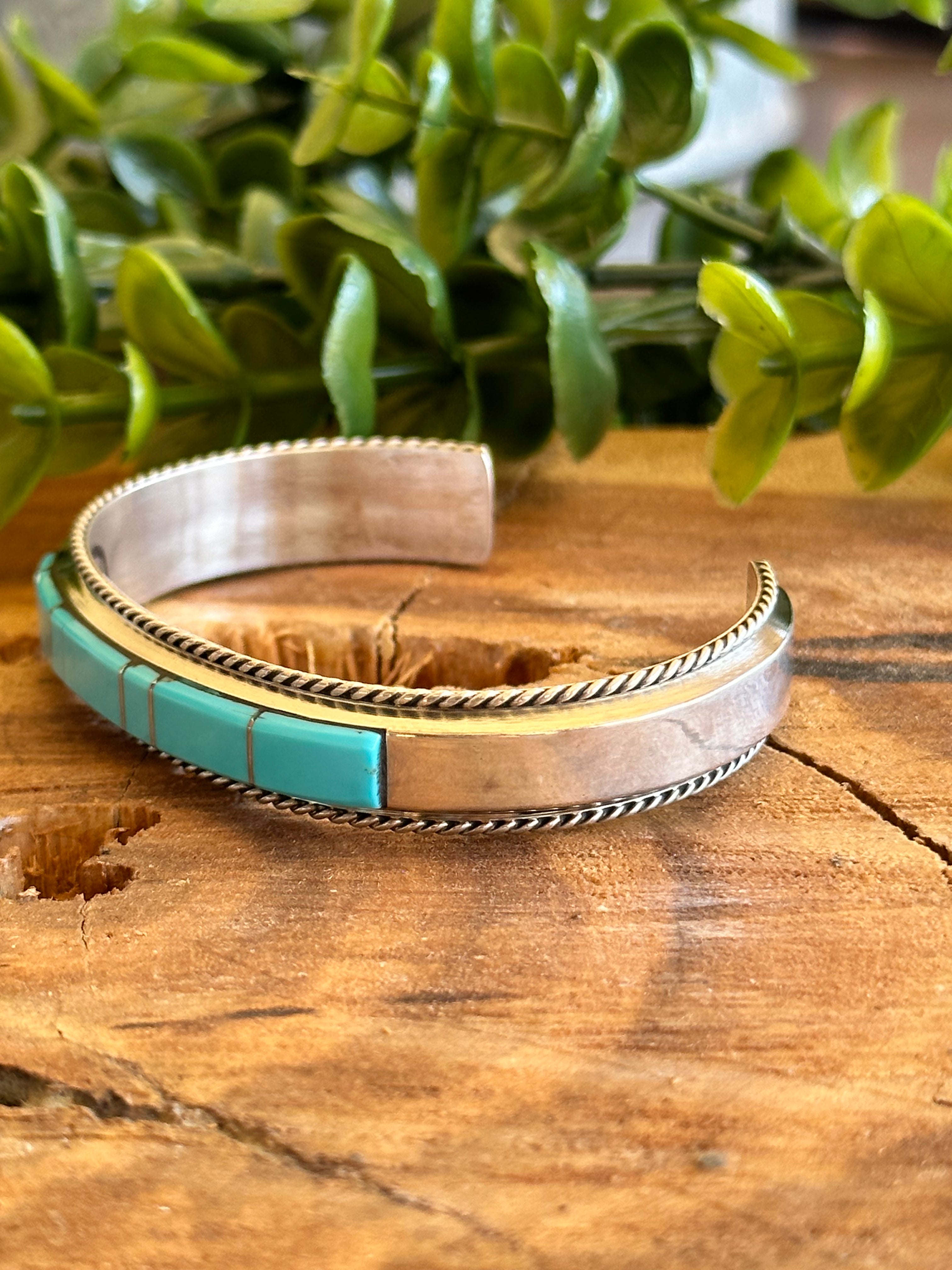 Francis Yazzie Kingman Turquoise & Sterling Silver Inlay Cuff Bracelet