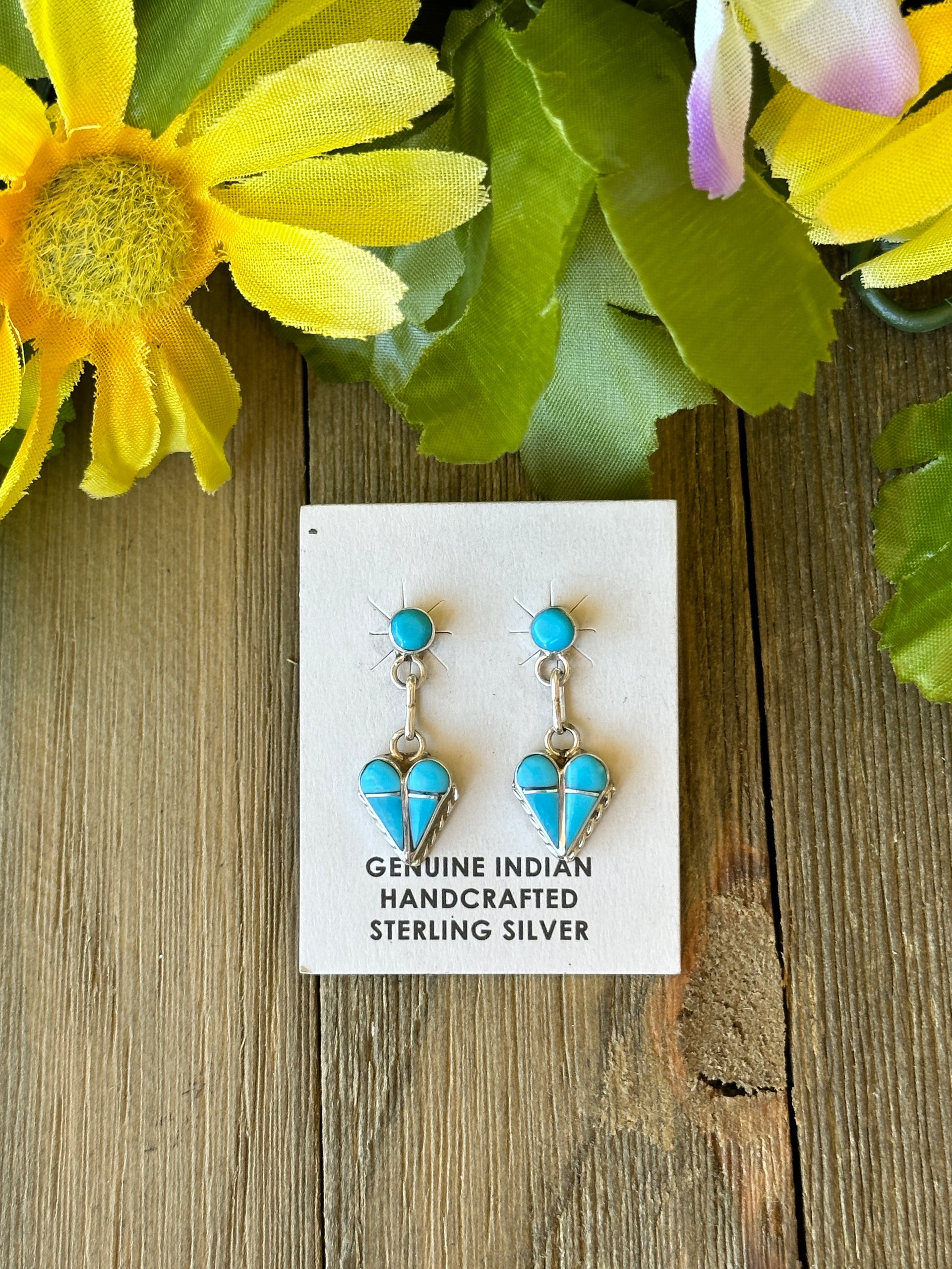 Zuni Made Kingman Turquoise & Sterling Silver Inlay Heart Post Dangle Earrings