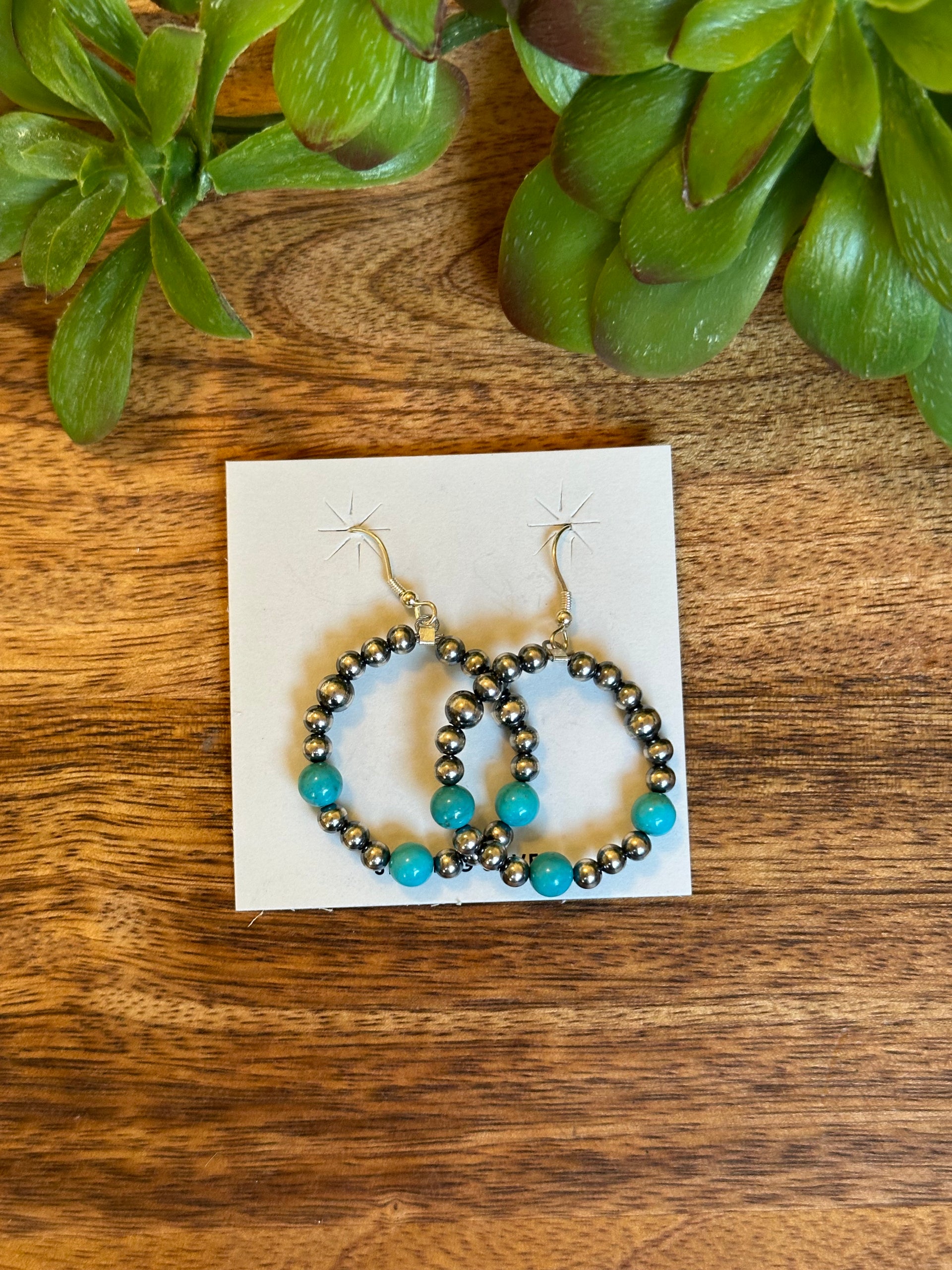 Navajo Made Kingman Turquoise & Sterling Silver Pearls Dangle Hoop Earrings