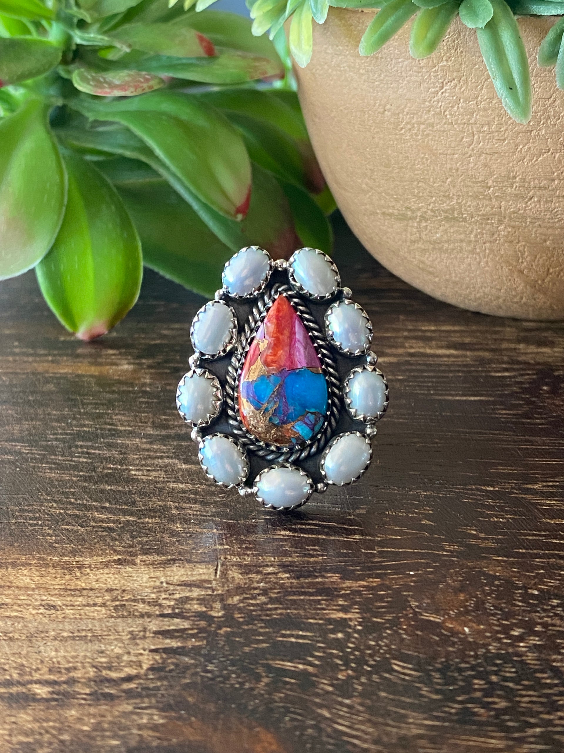 Southwest Handmade Multi Stone & Sterling Silver Adjustable Cluster Ring