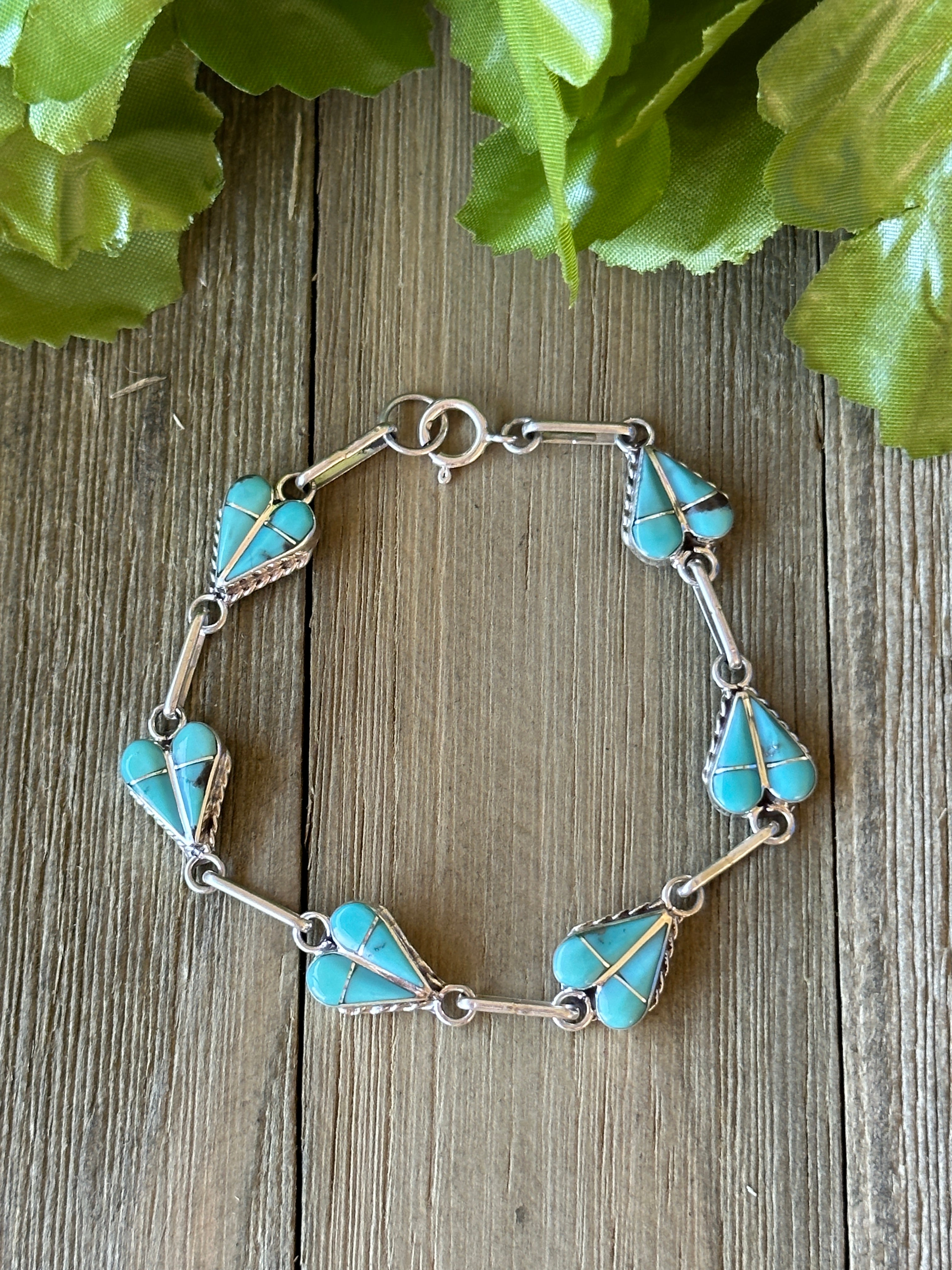 Zuni Made Kingman Turquoise & Sterling Silver Heart Bracelet