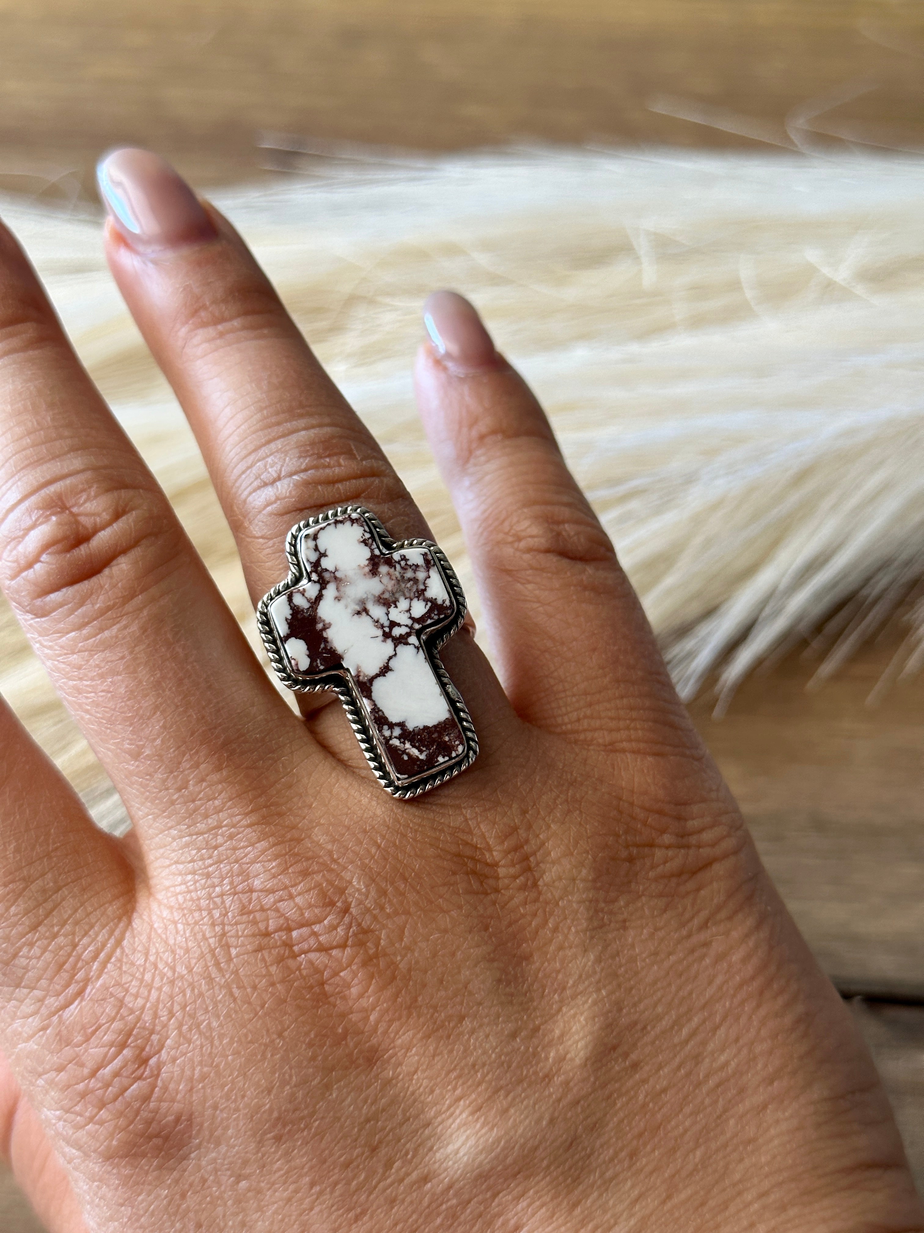 Southwest Handmade Wild Horse & Sterling Silver Adjustable Cross Ring