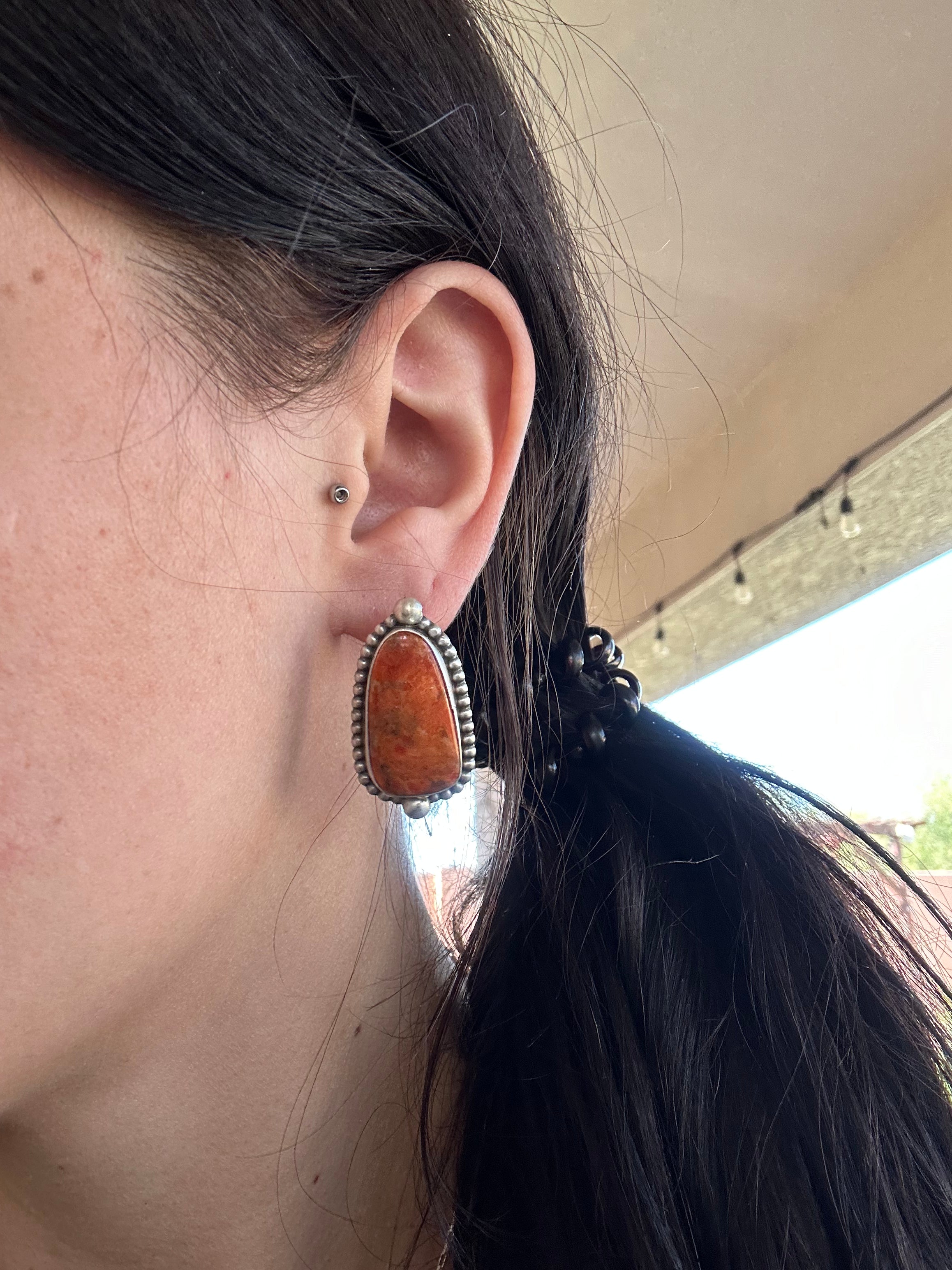 Navajo Made Apple Coral & Sterling Silver Post Earrings