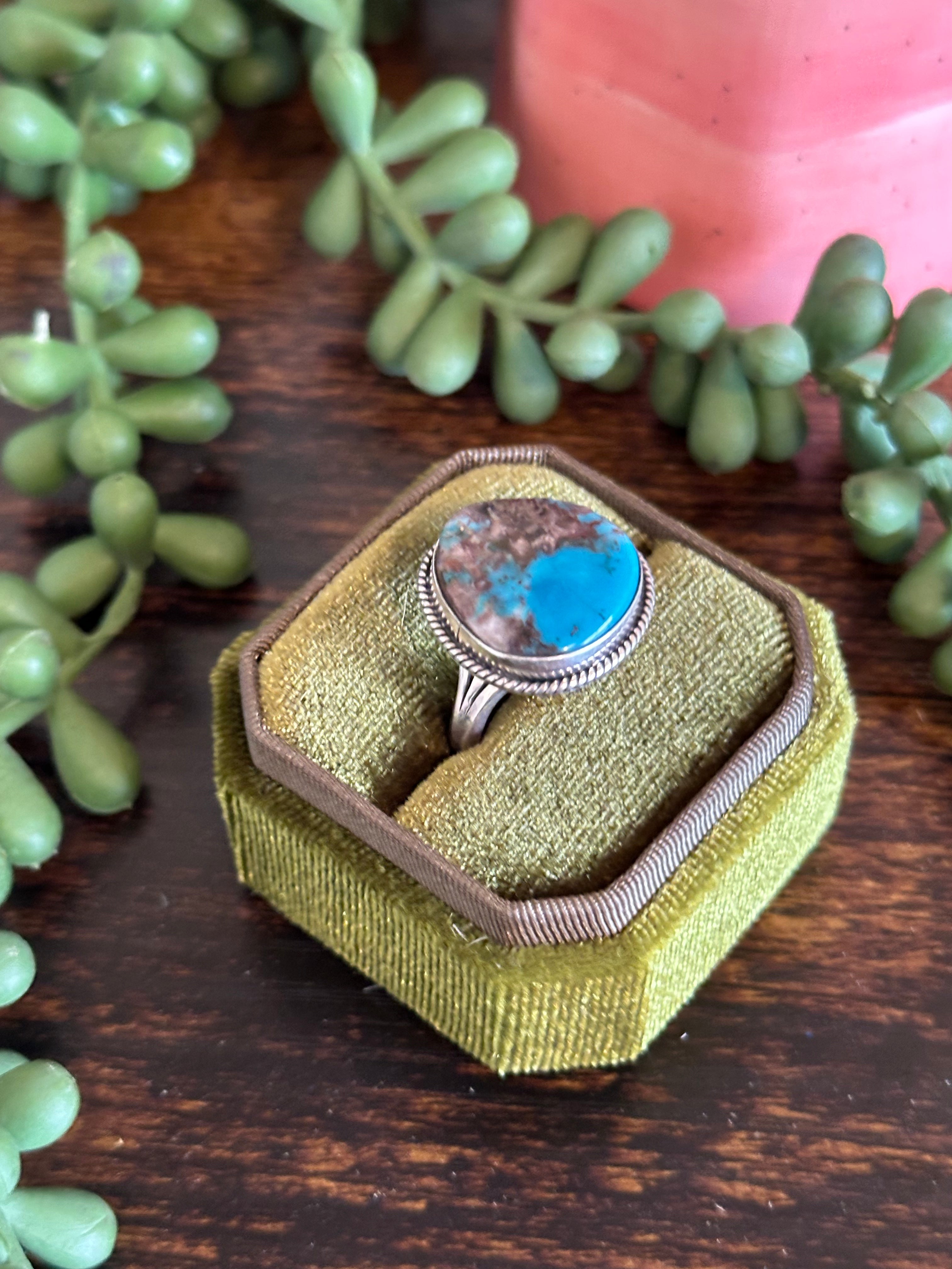 Navajo Made Kingman Turquoise & Sterling Silver Ring Size 6.75