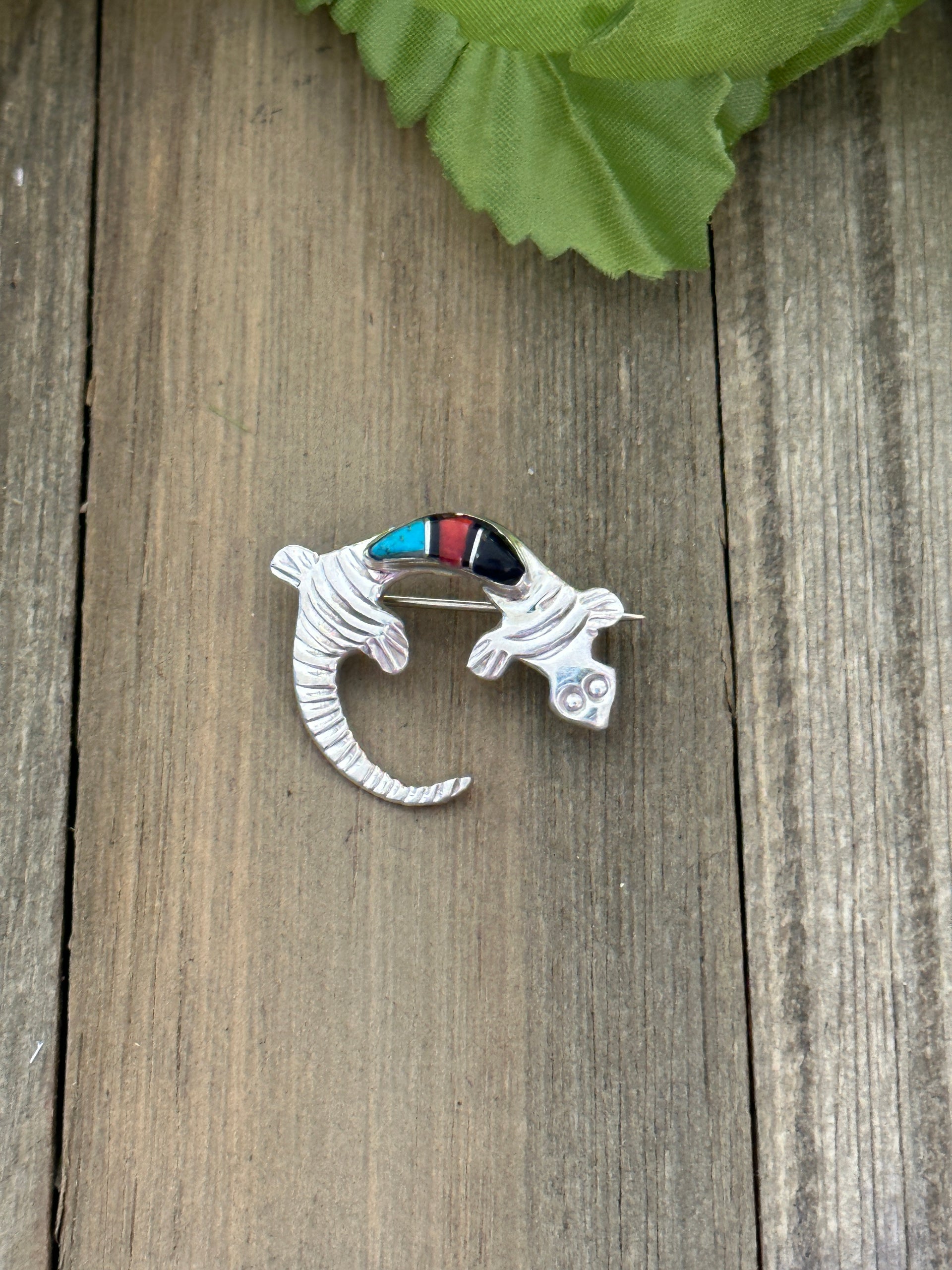 Navajo Made Multi Stone & Sterling Silver Gecko Pin