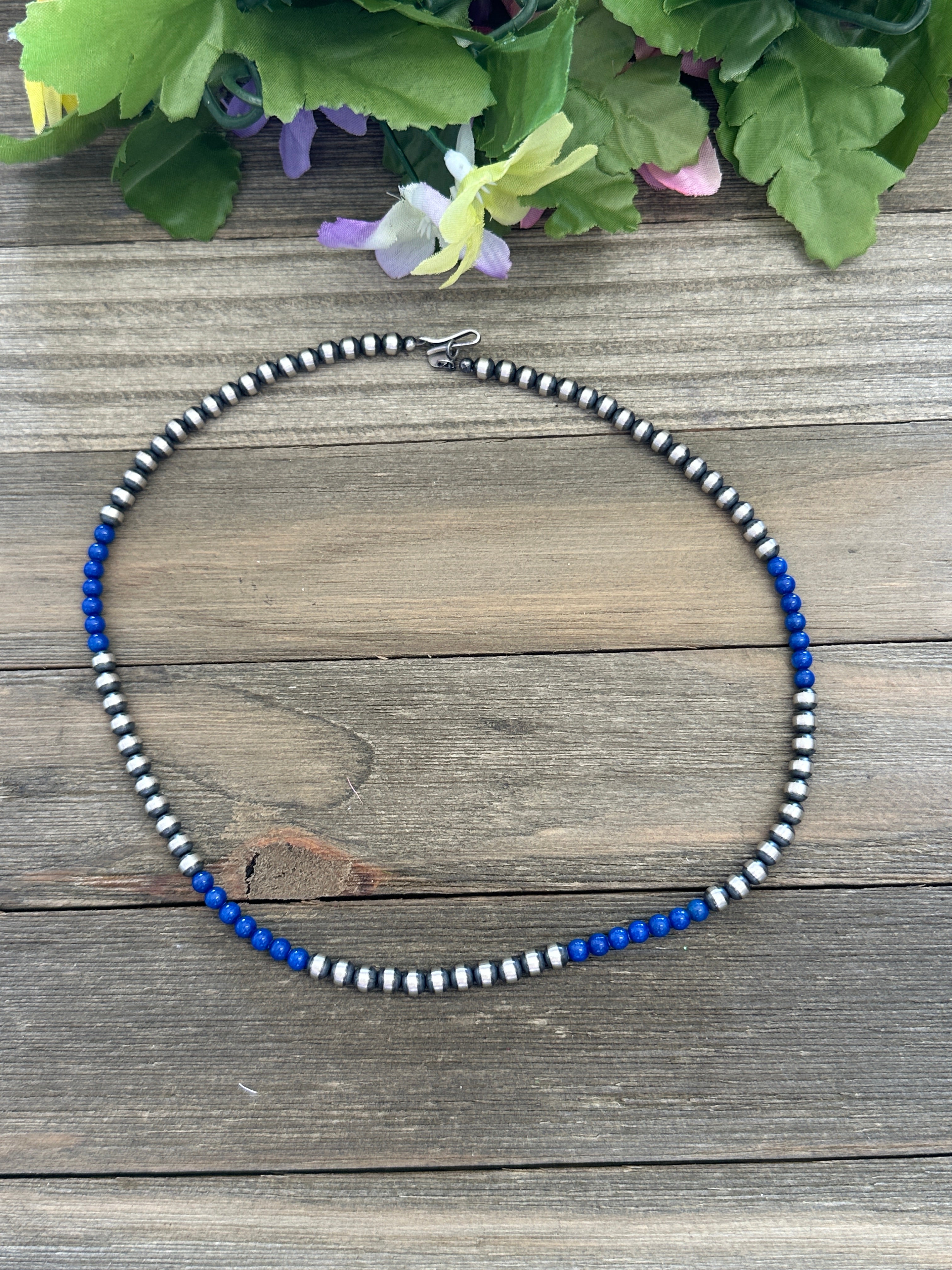 Navajo Strung Lapis & Sterling Silver 5 MM Pearl Necklace