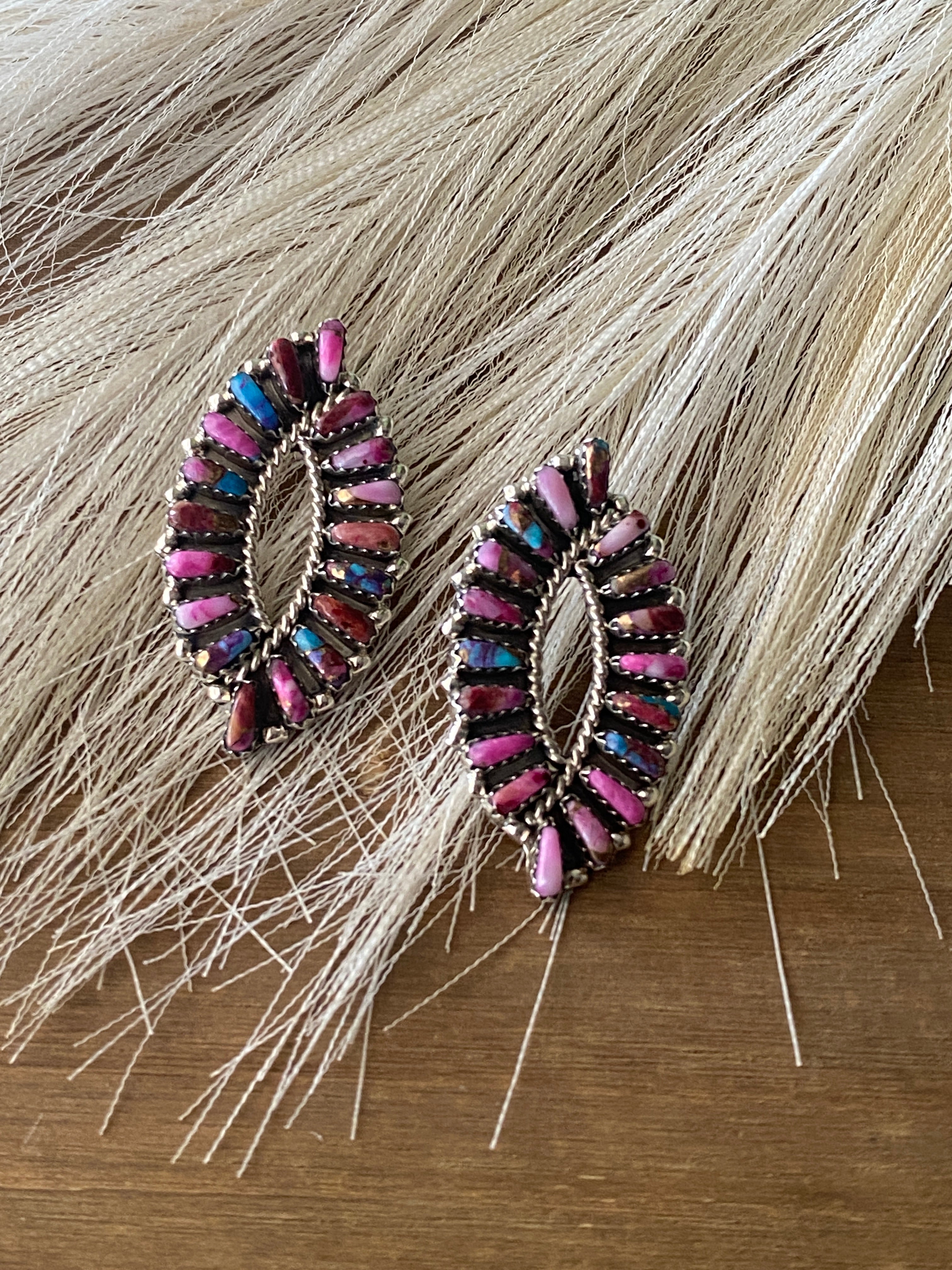 Navajo Made Pink Mohave Turquoise & Sterling Silver Post Cluster Earrings