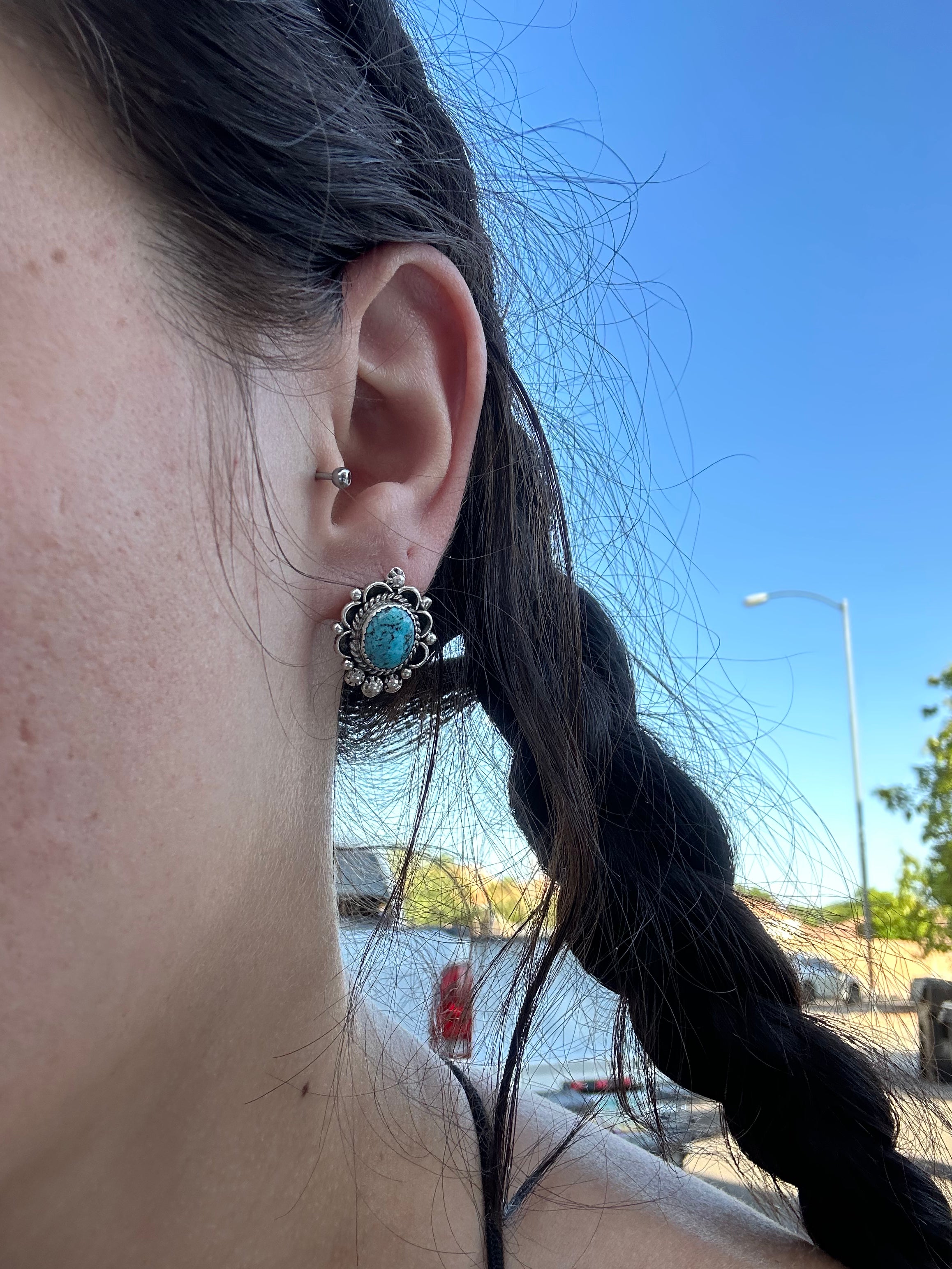 Navajo Made Kingman Turquoise & Sterling Silver Post Earrings