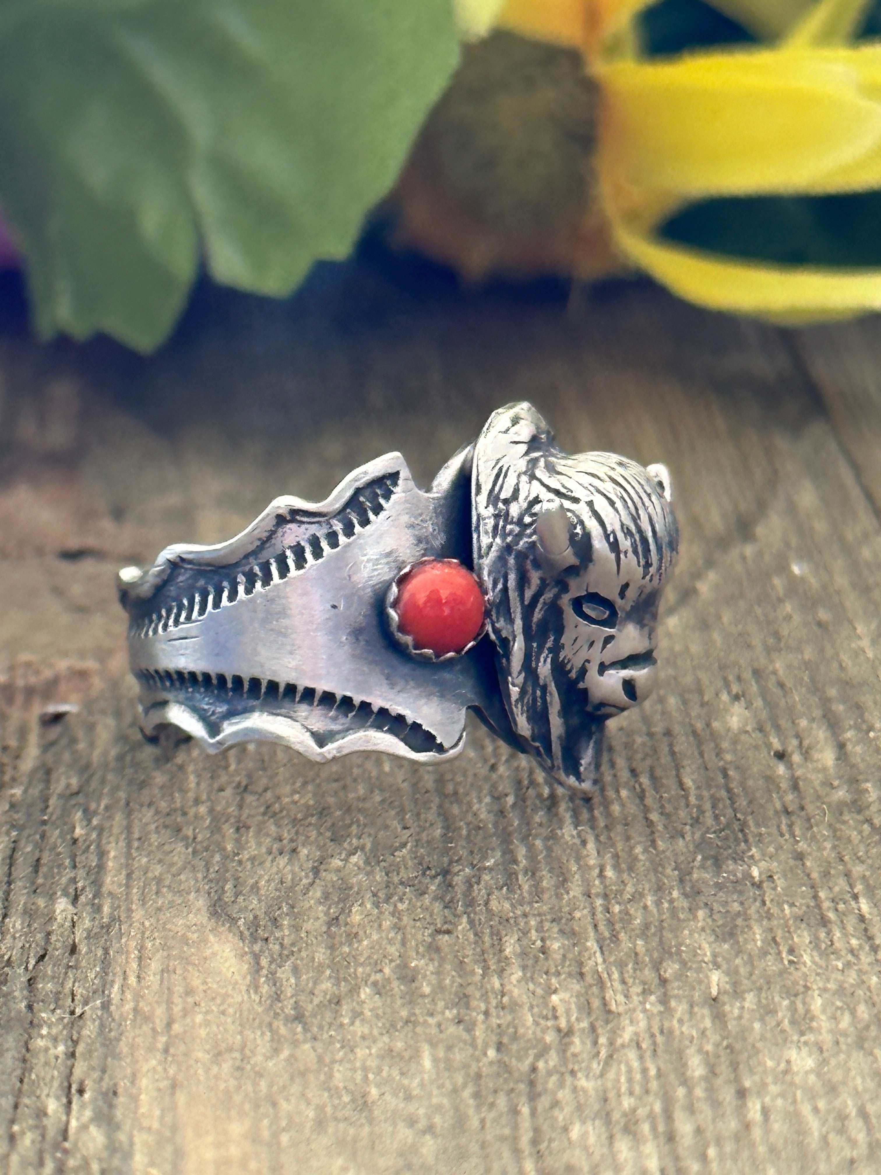 Navajo Made Coral & Sterling Silver Buffalo Ring