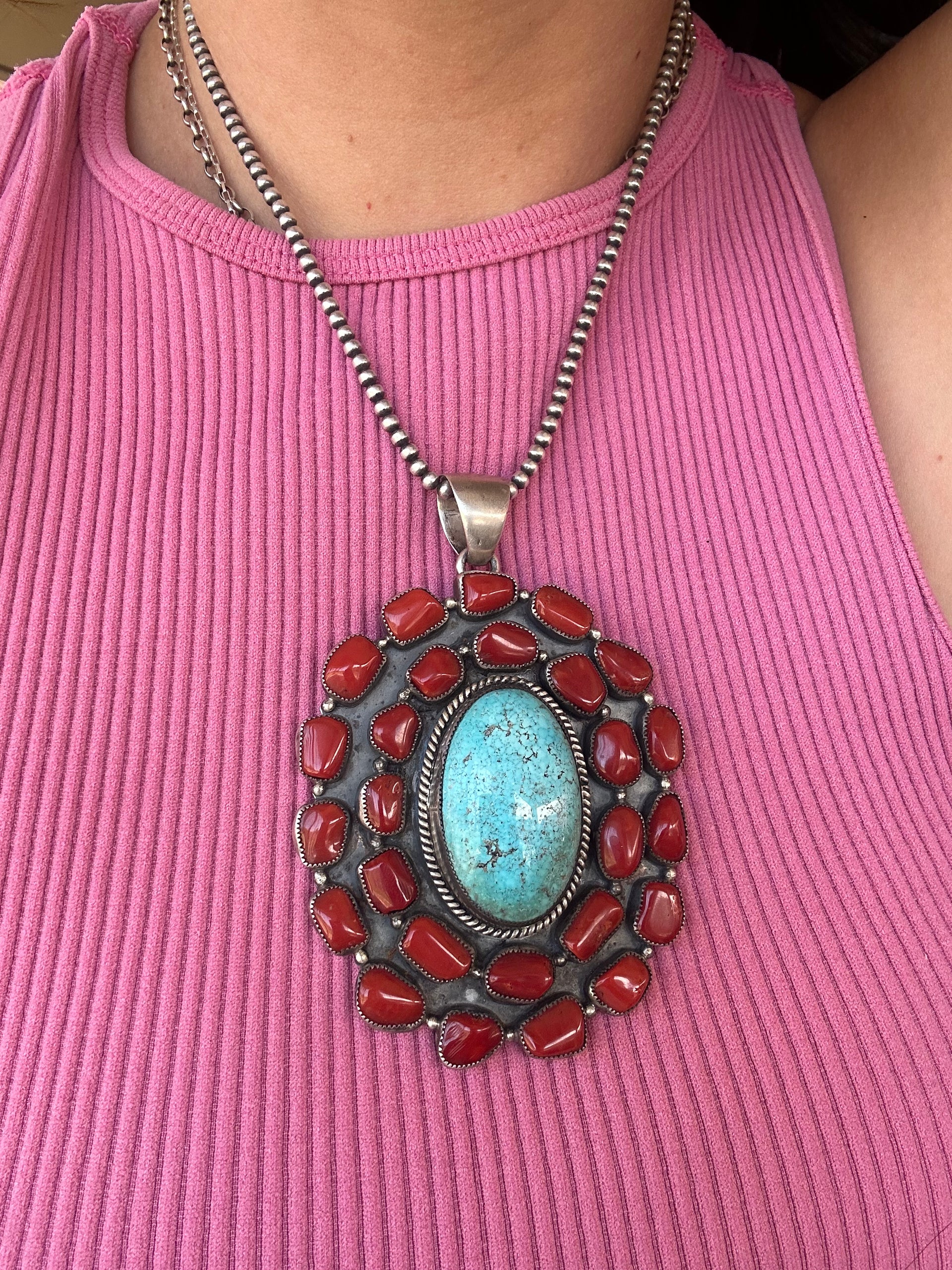 Navajo Made Multi Stone & Sterling Silver Cluster Pendant