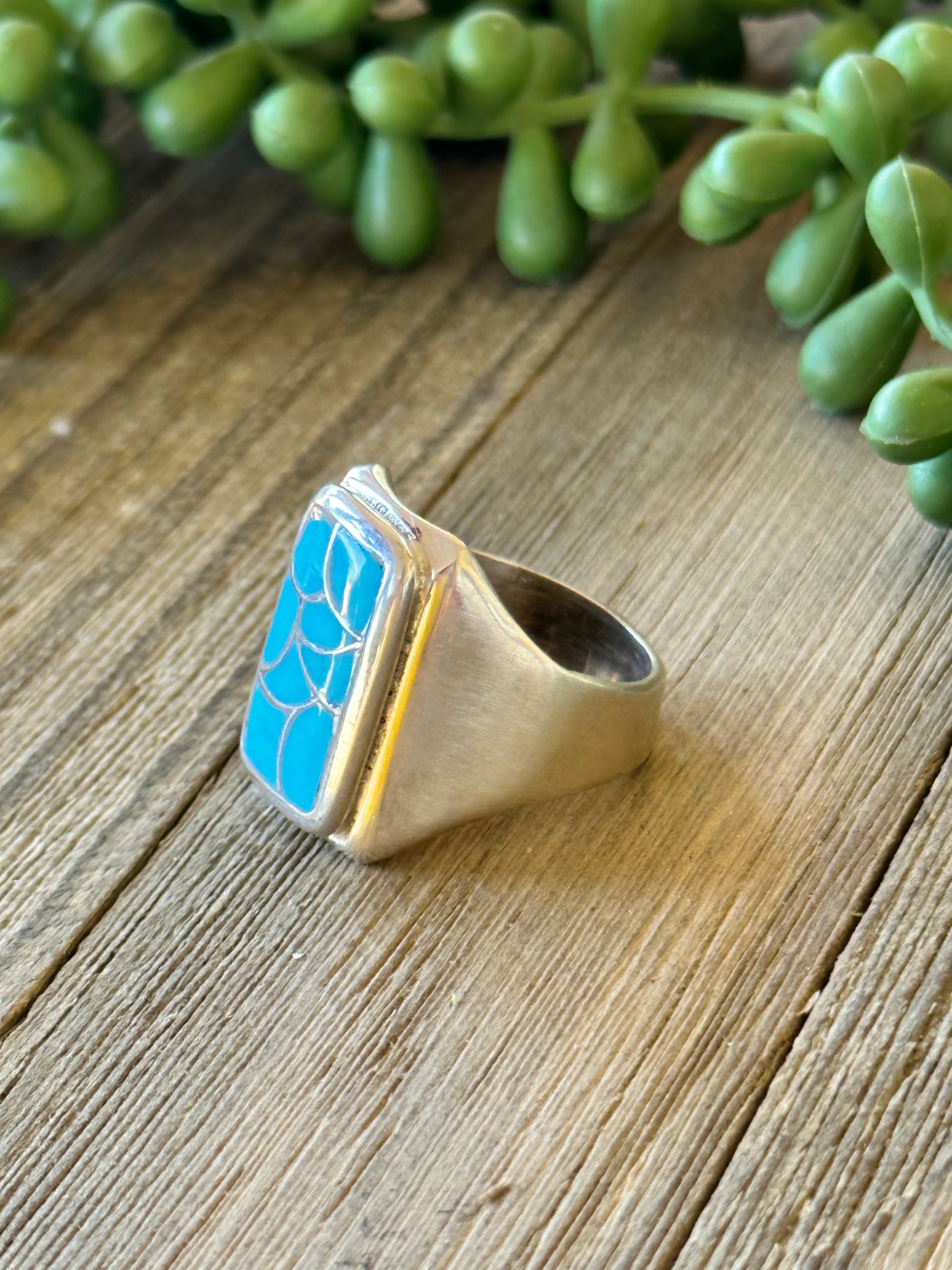 Navajo Made Kingman Turquoise & Sterling Silver Inlay Ring