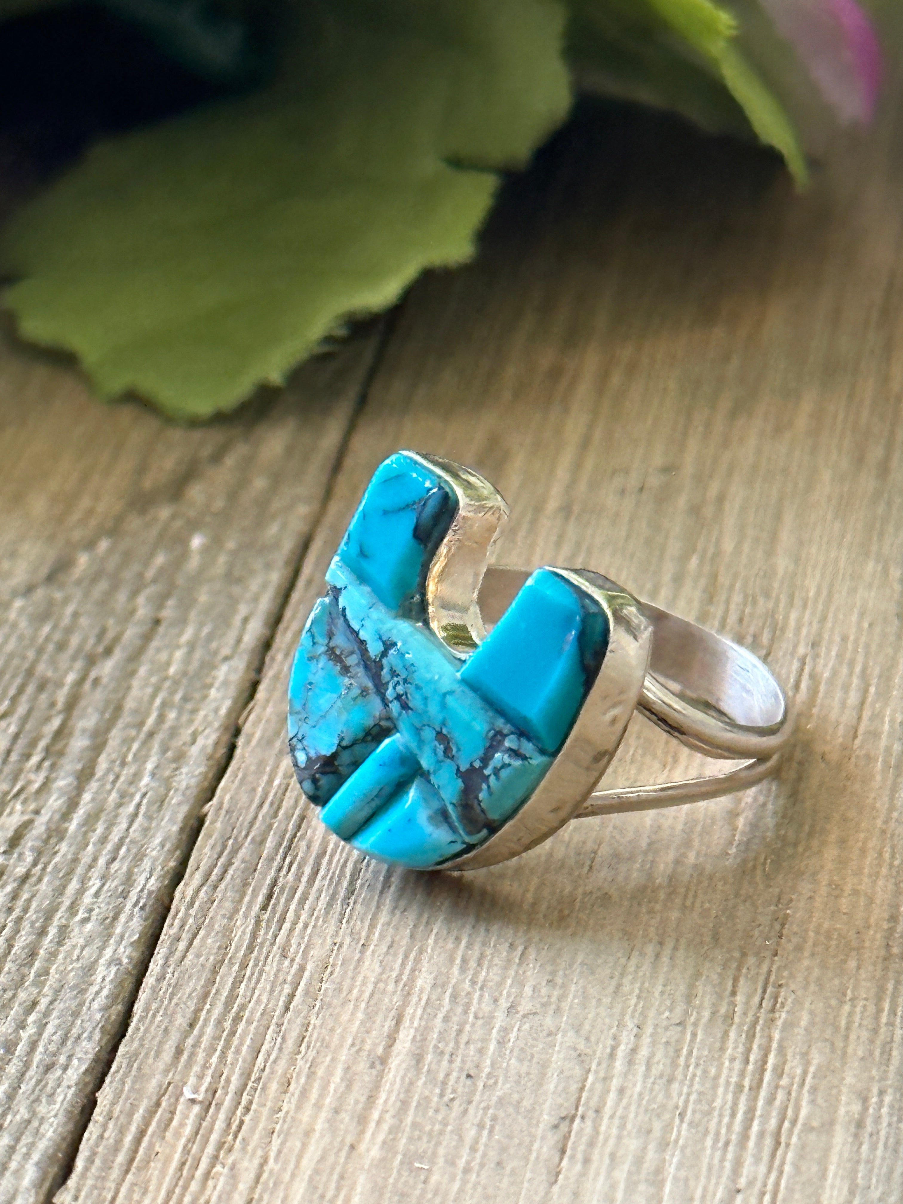 Navajo Made Turquoise & Sterling Silver Inlay Horseshoe Ring Size 7.75.