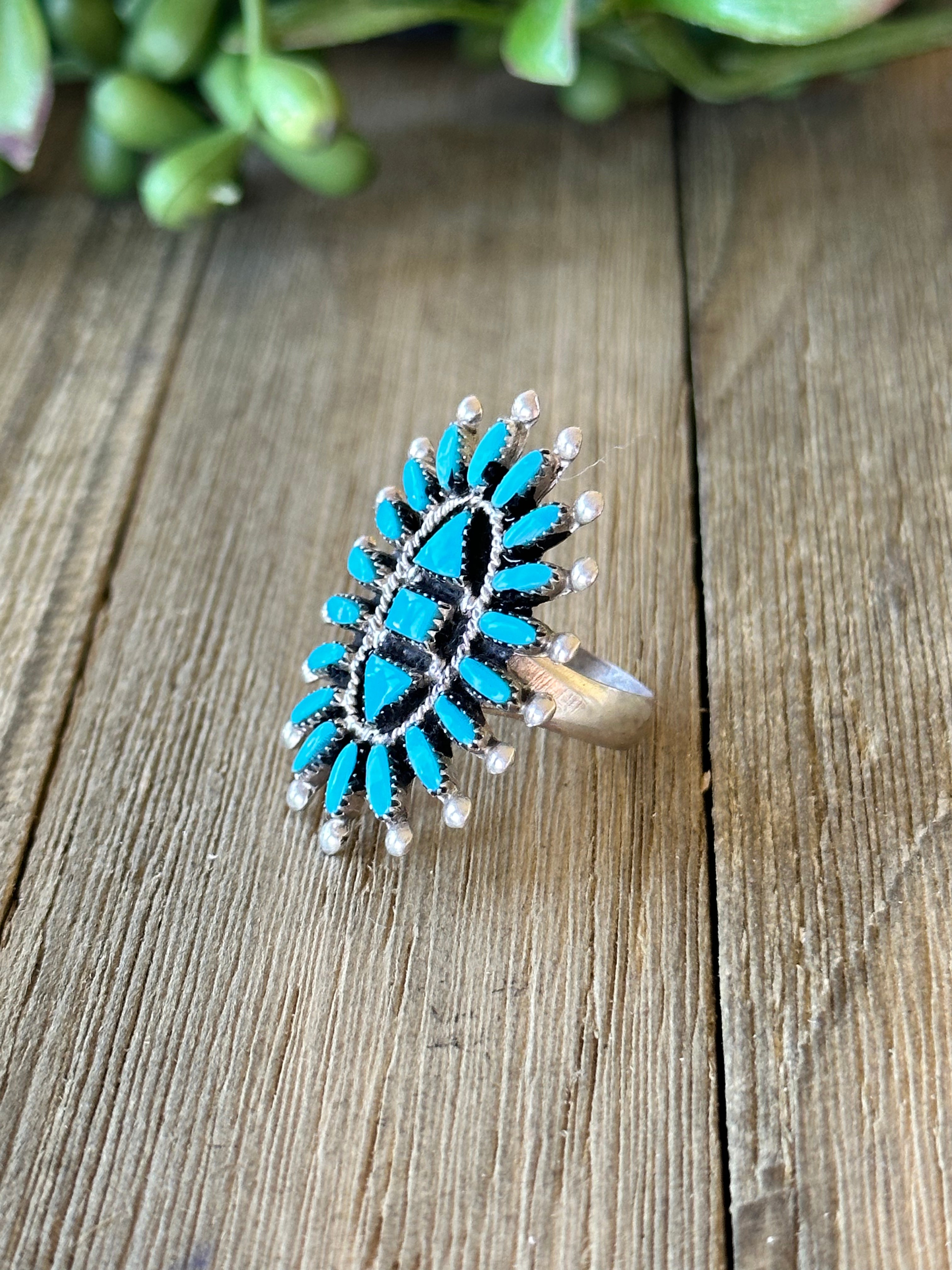 Zuni Made Turquoise & Sterling Silver Ring Size 7.5