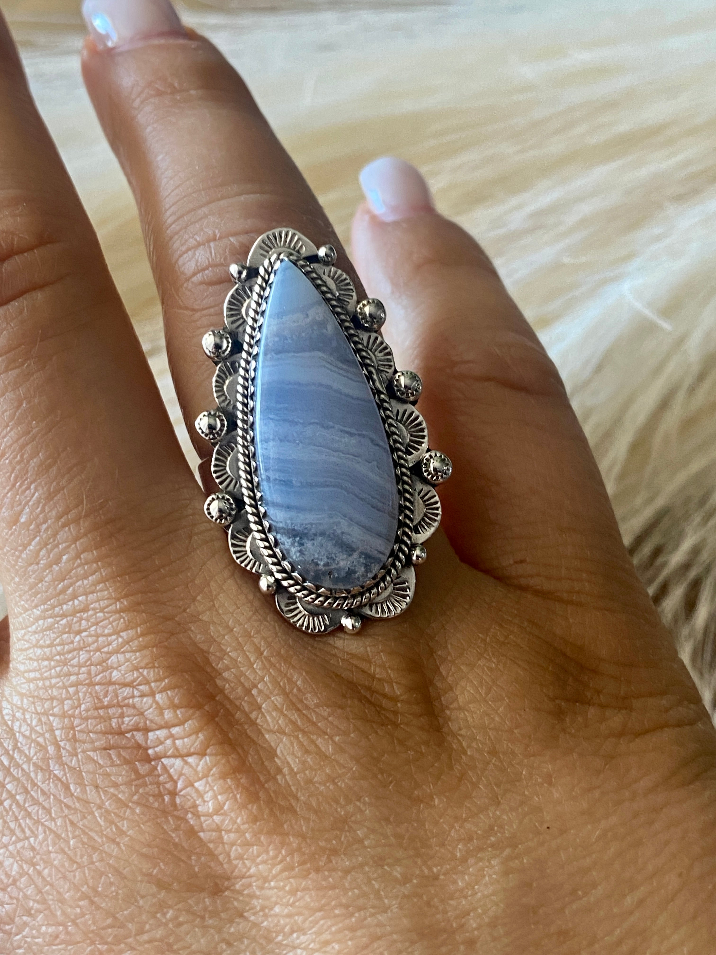 Southwest Handmade Blue Lace Agate & Sterling Silver Adjustable Ring