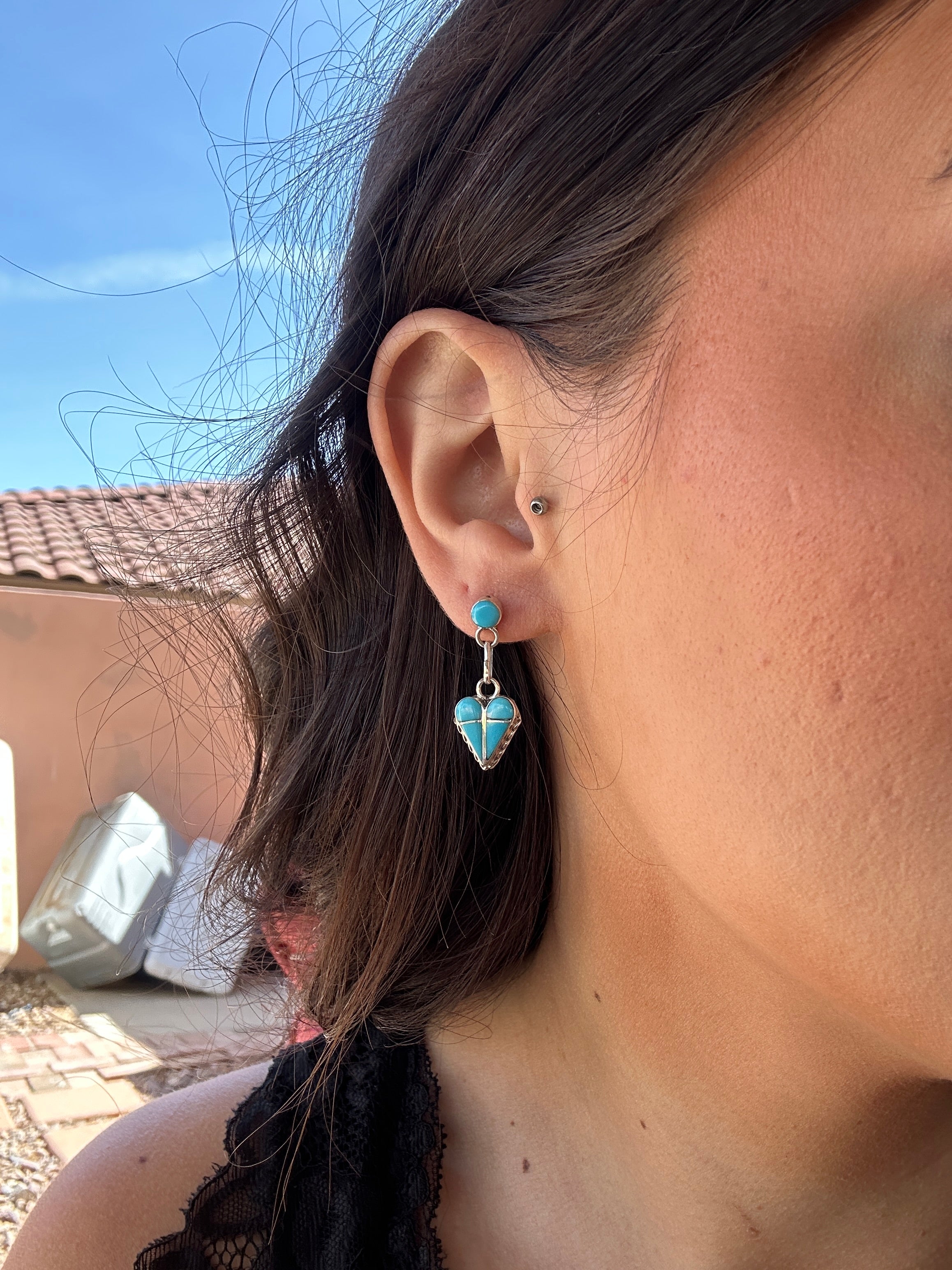 Zuni Made Kingman Turquoise & Sterling Silver Inlay Heart Post Dangle Earrings
