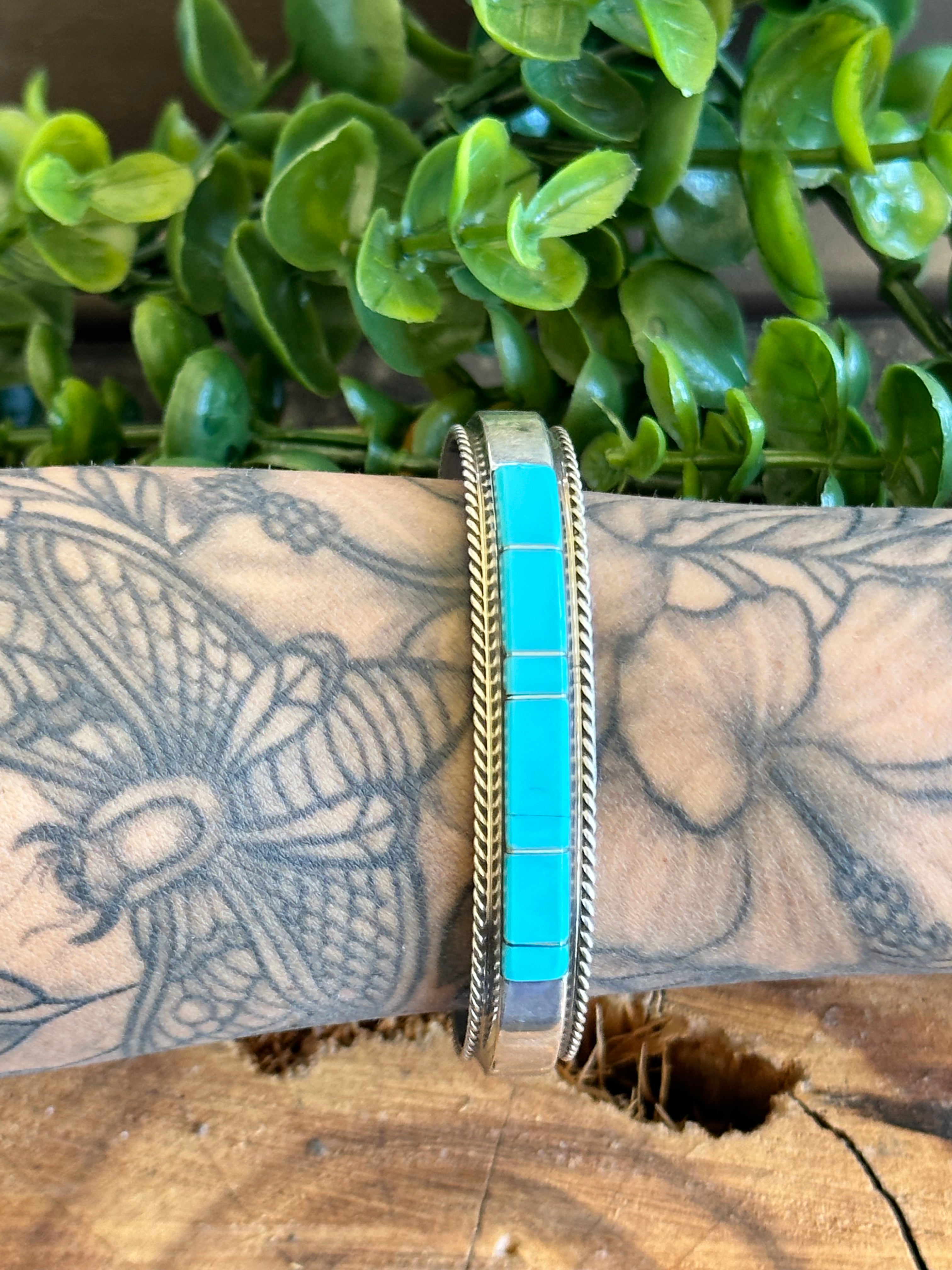 Francis Yazzie Kingman Turquoise & Sterling Silver Inlay Cuff Bracelet