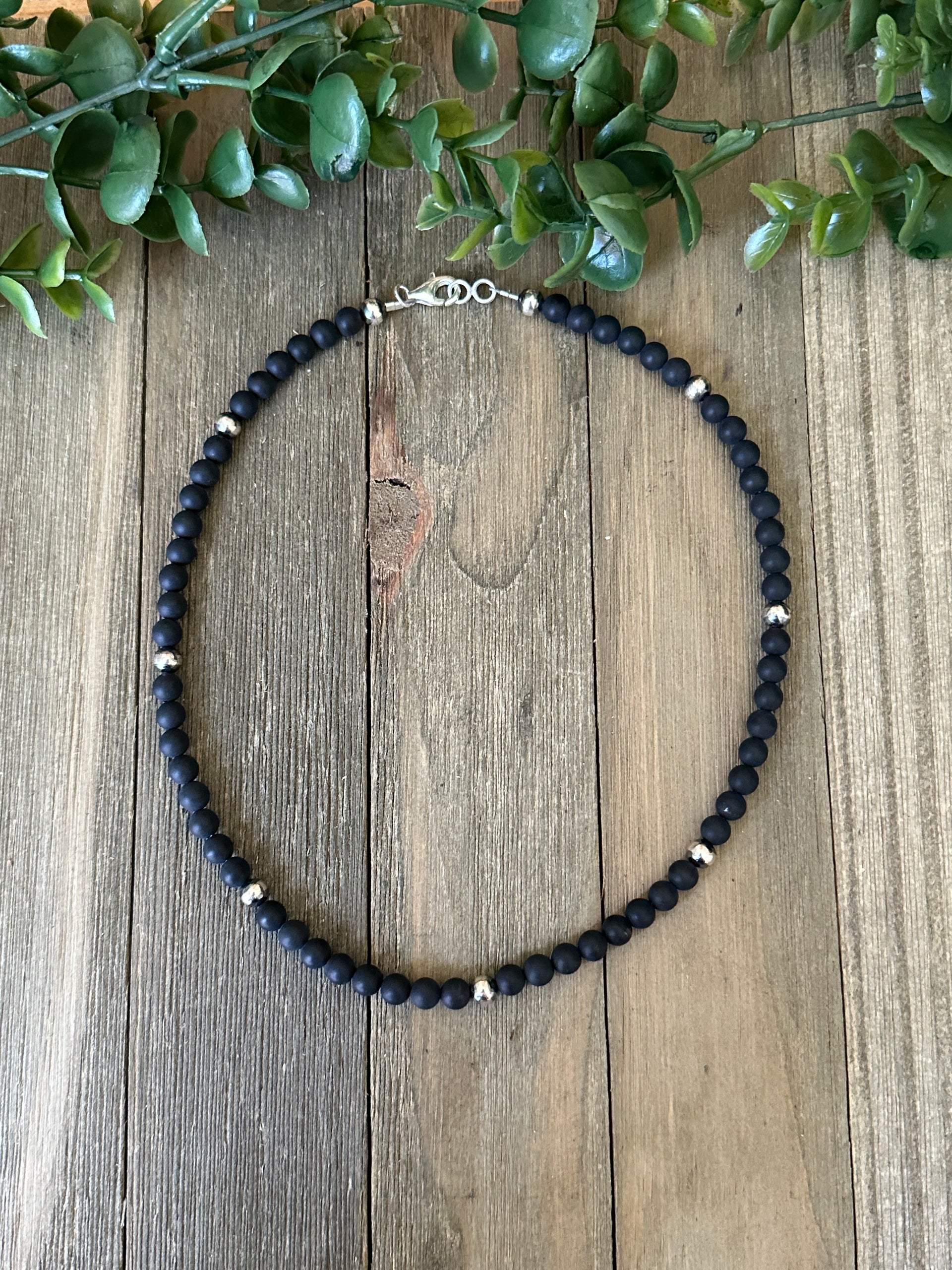 Navajo Strung Onyx & Sterling Silver Pearls Beaded Necklace