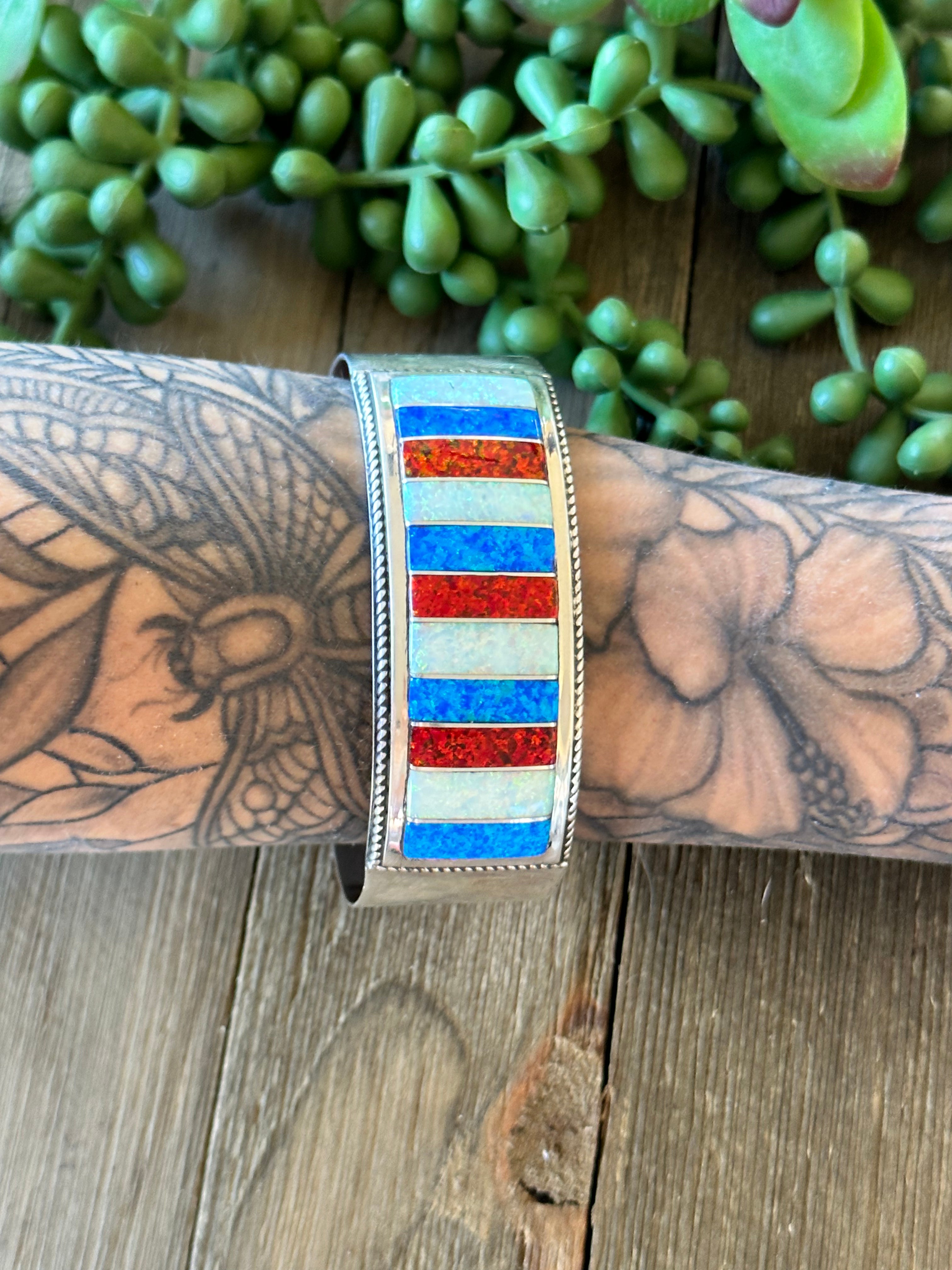 Navajo Made Opal (Man Made) & Sterling Silver Cuff Bracelet