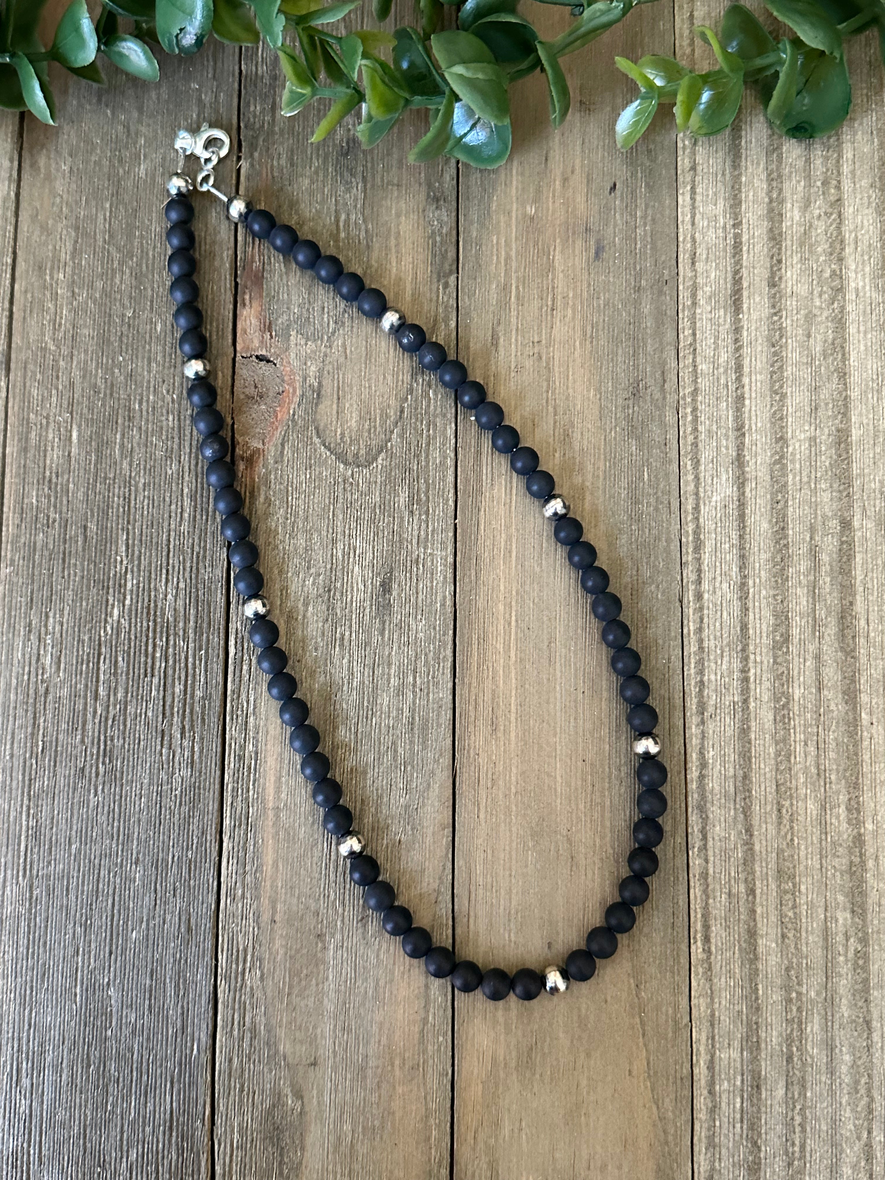 Navajo Strung Onyx & Sterling Silver Pearls Beaded Necklace