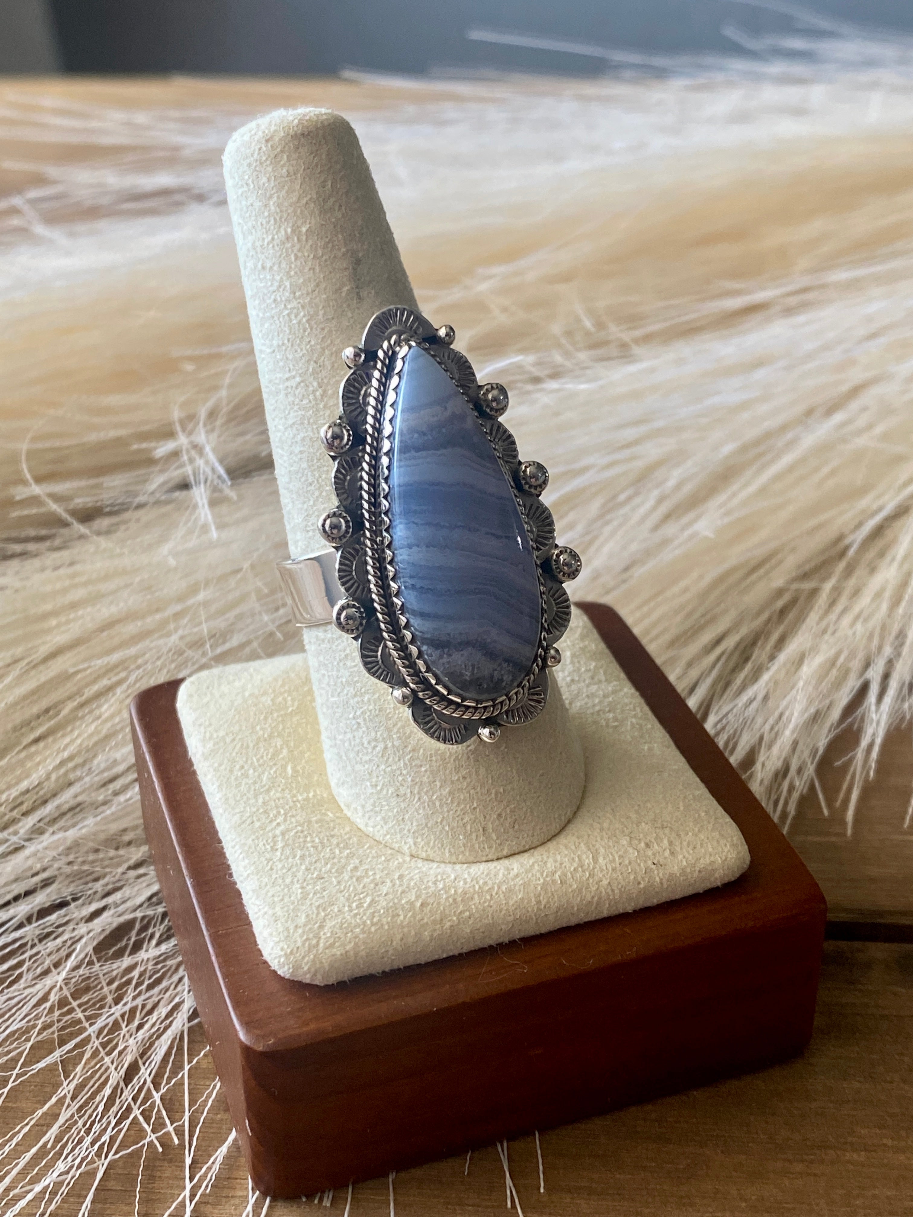 Southwest Handmade Blue Lace Agate & Sterling Silver Adjustable Ring