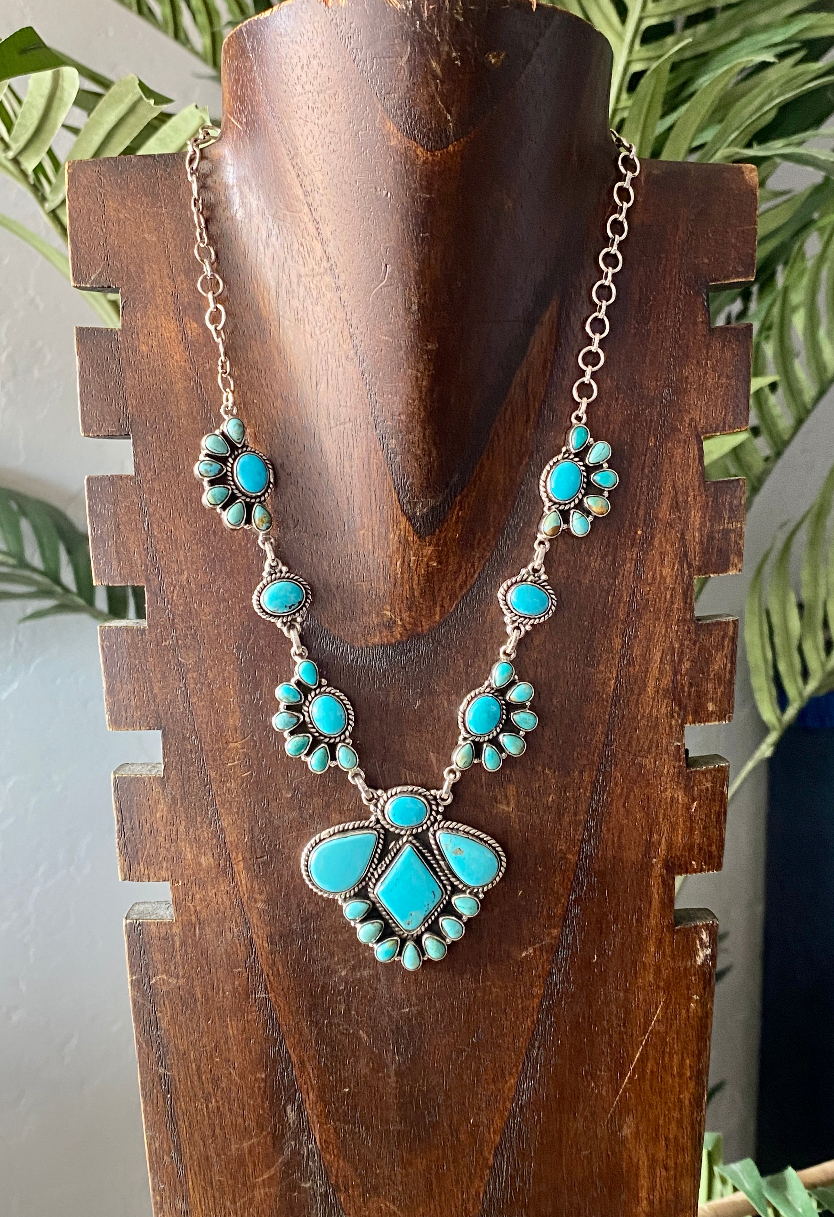 Southwest Handmade Kingman Turquoise & Sterling Silver Cluster Necklace