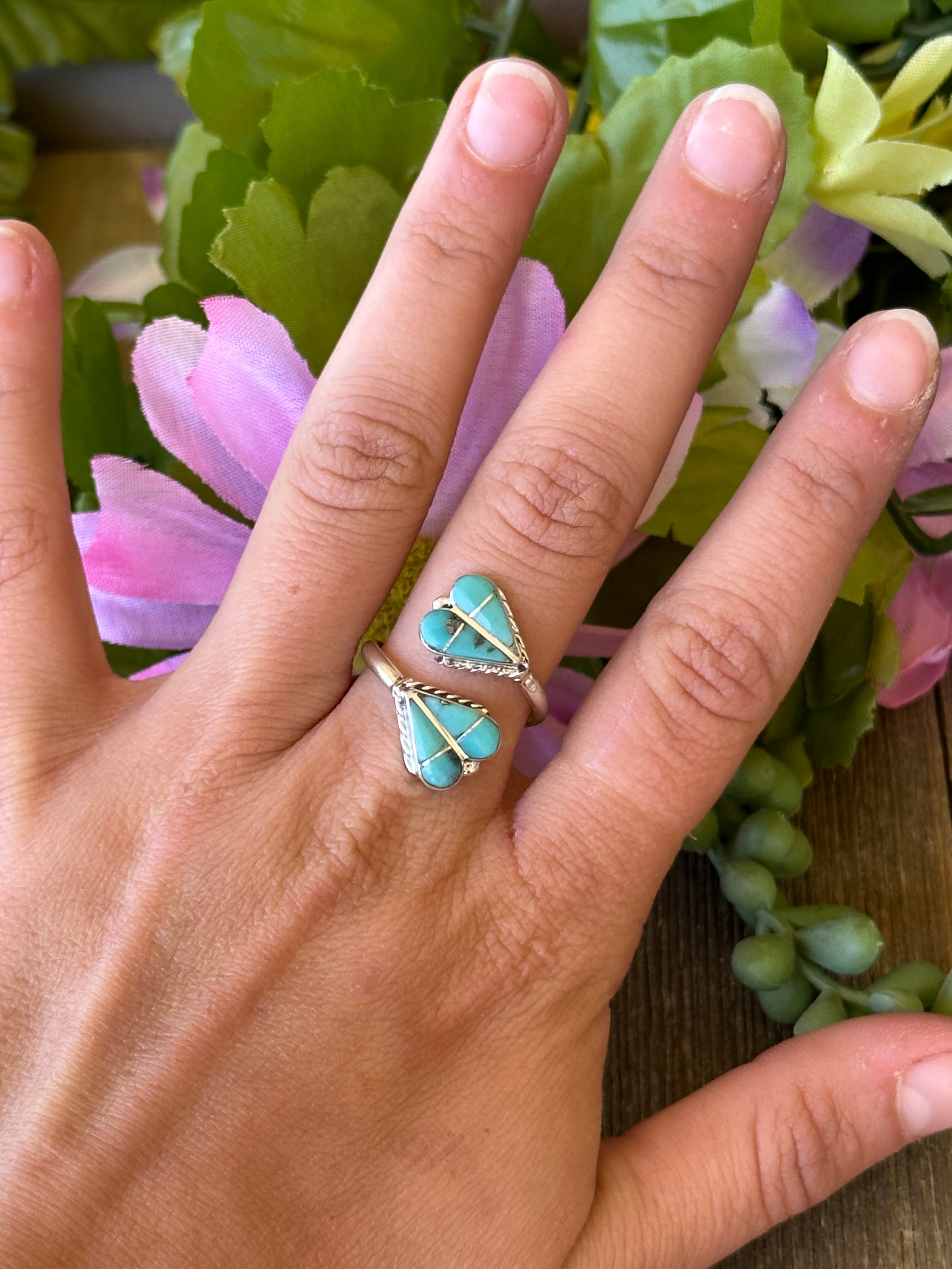 Zuni Made Kingman Turquoise & Sterling Silver Heart Adjustable Ring