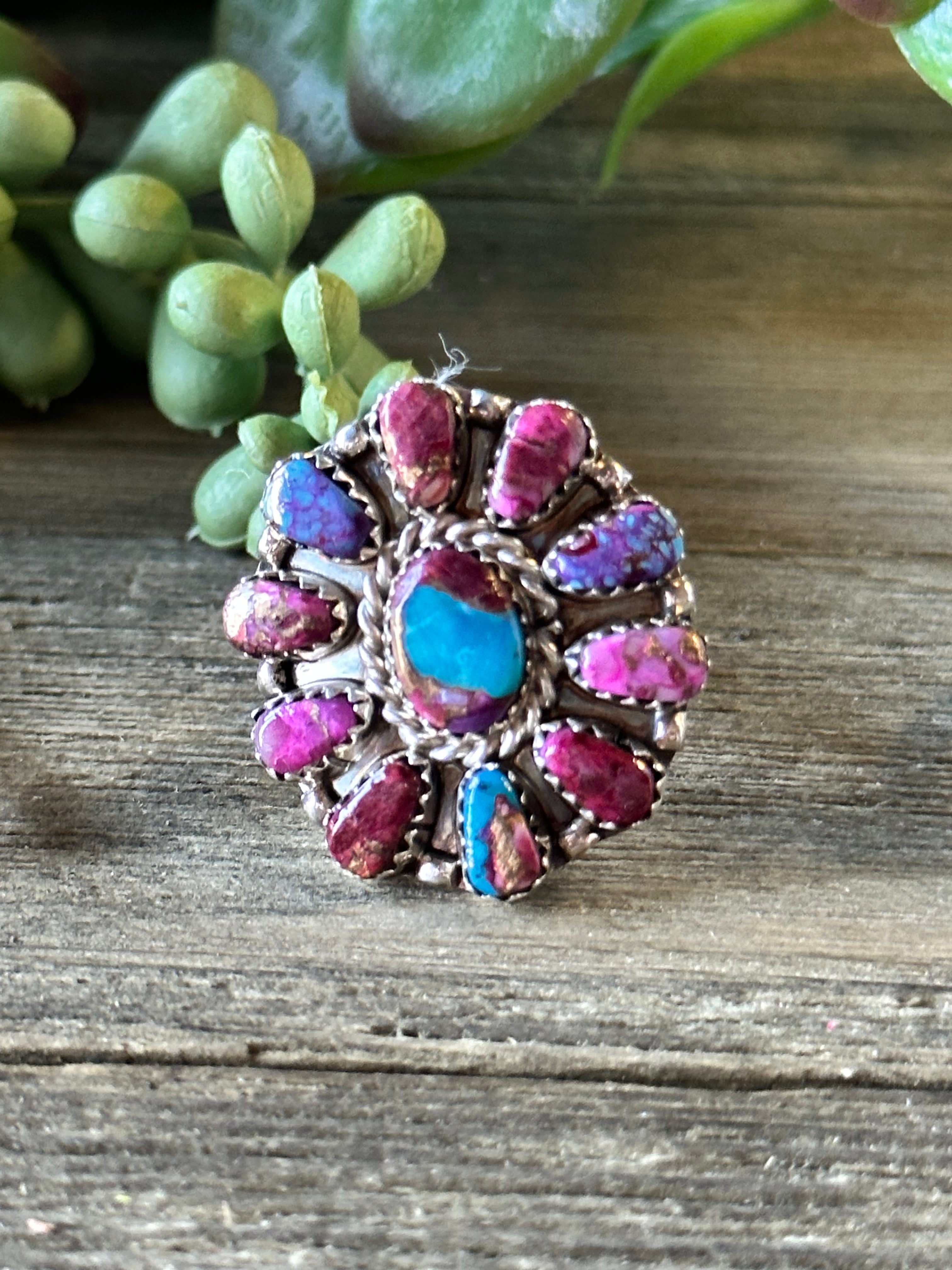 Navajo Made Pink Mohave Turquoise & Sterling Silver Cluster Ring