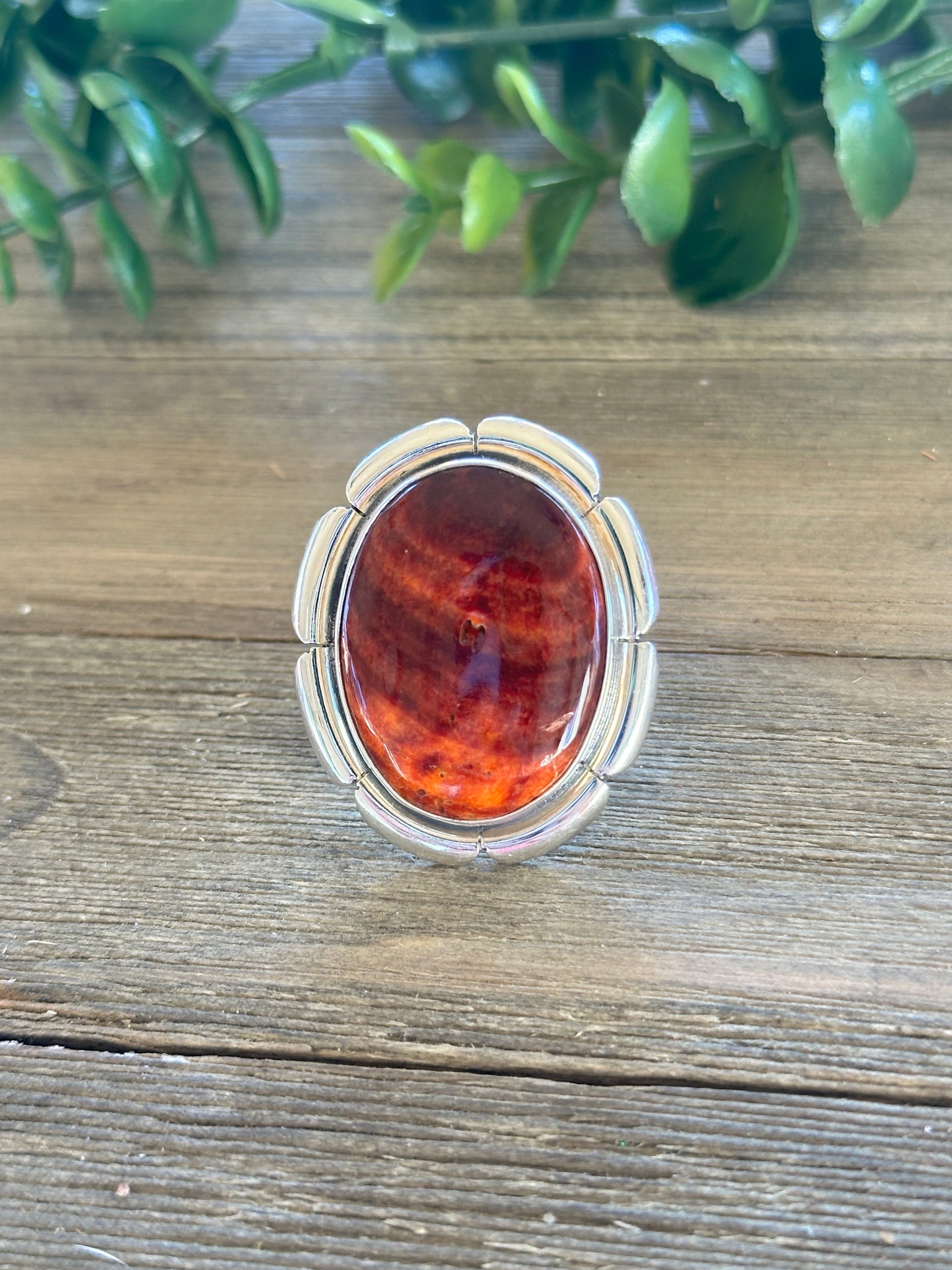 Larry Kay Spiny Oyster & Sterling Silver Adjustable Ring