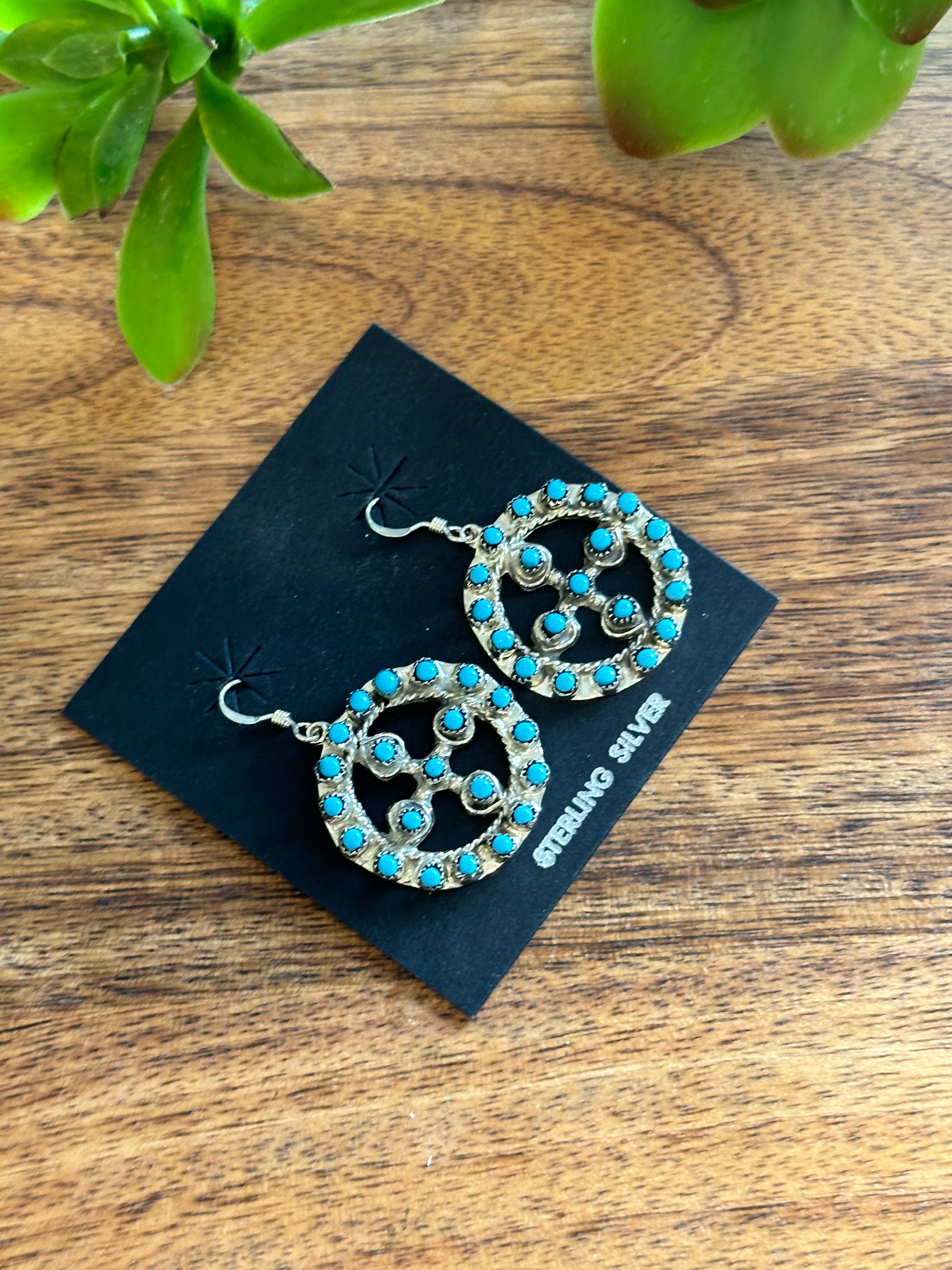 Zuni Made Turquoise & Sterling Silver Cluster Dangle Earrings