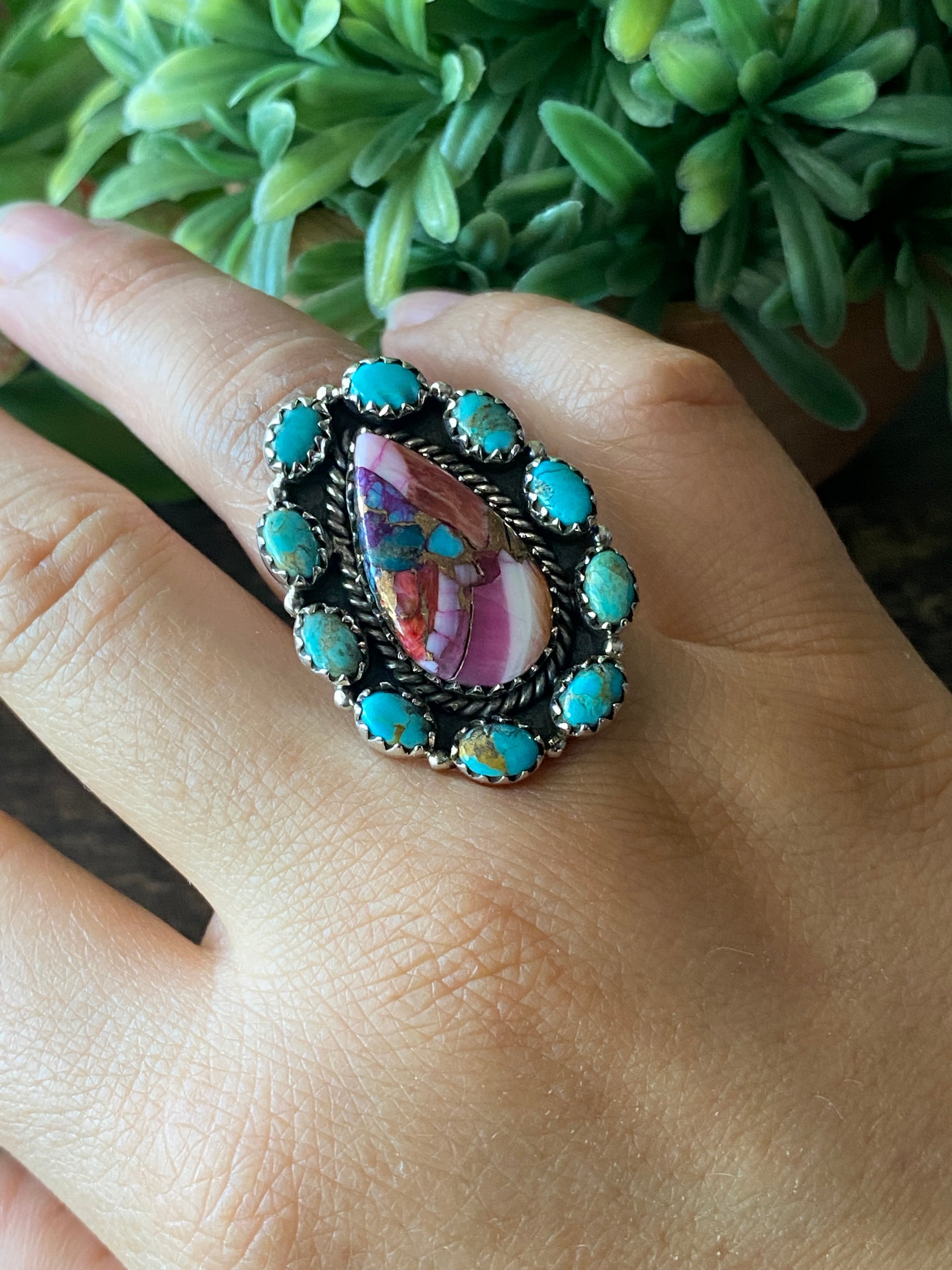 Southwest Handmade Multi Stone & Sterling Silver Adjustable Cluster Ring