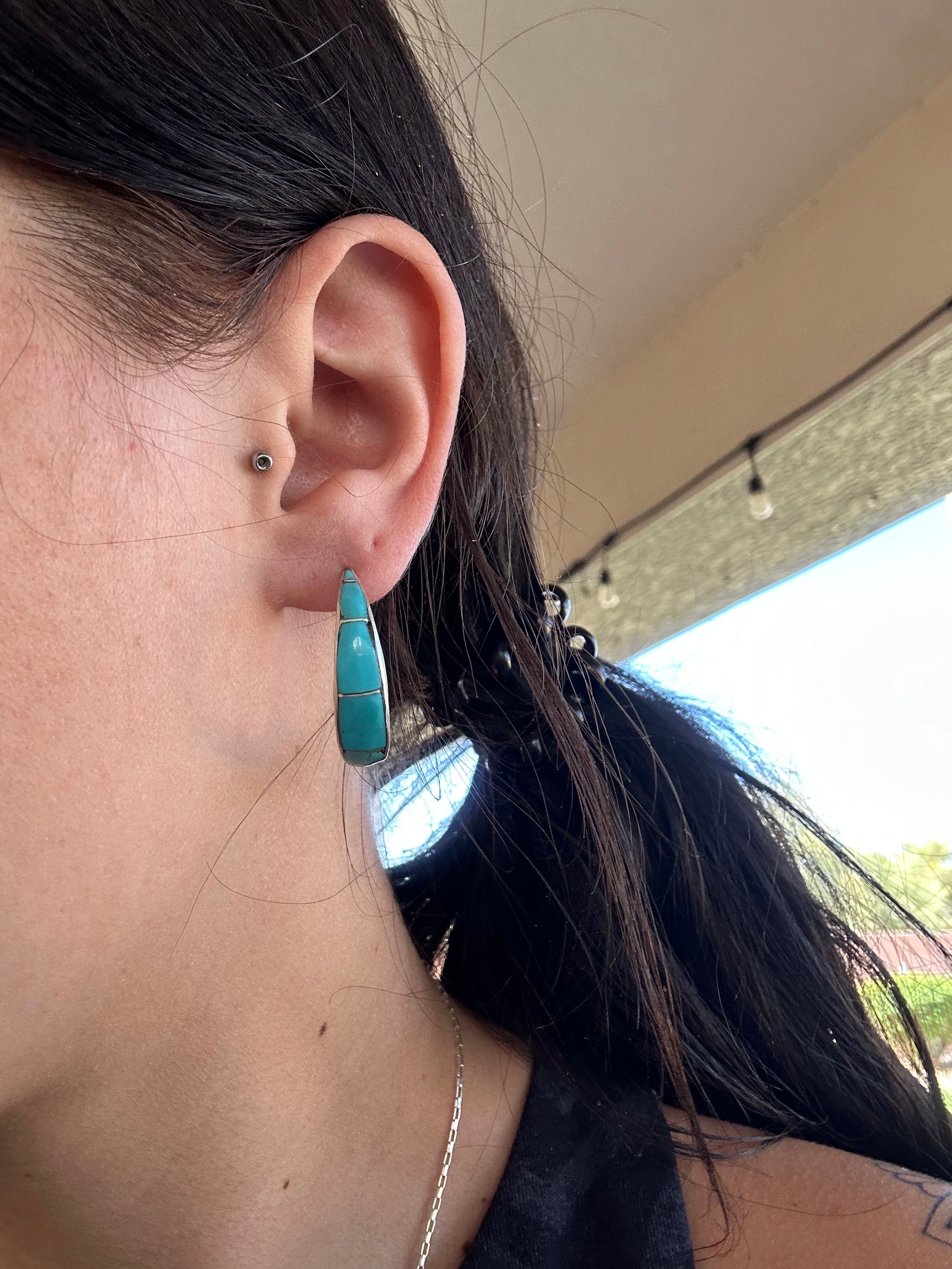 Kee Johnson Kingman Turquoise & Sterling Silver Post Hoop Earrings