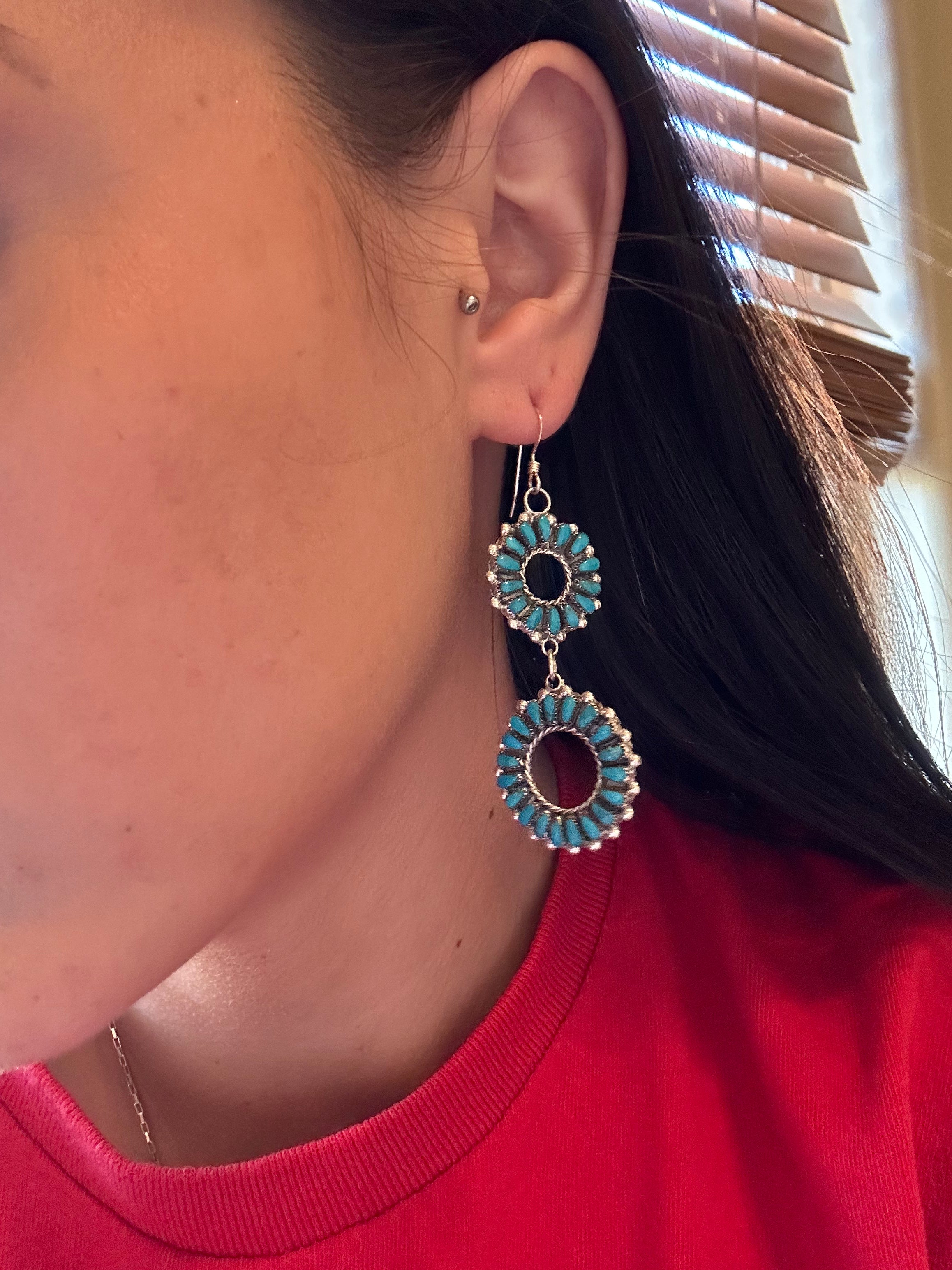 Zuni Made Kingman Turquoise & Sterling Silver Cluster Dangle Earrings