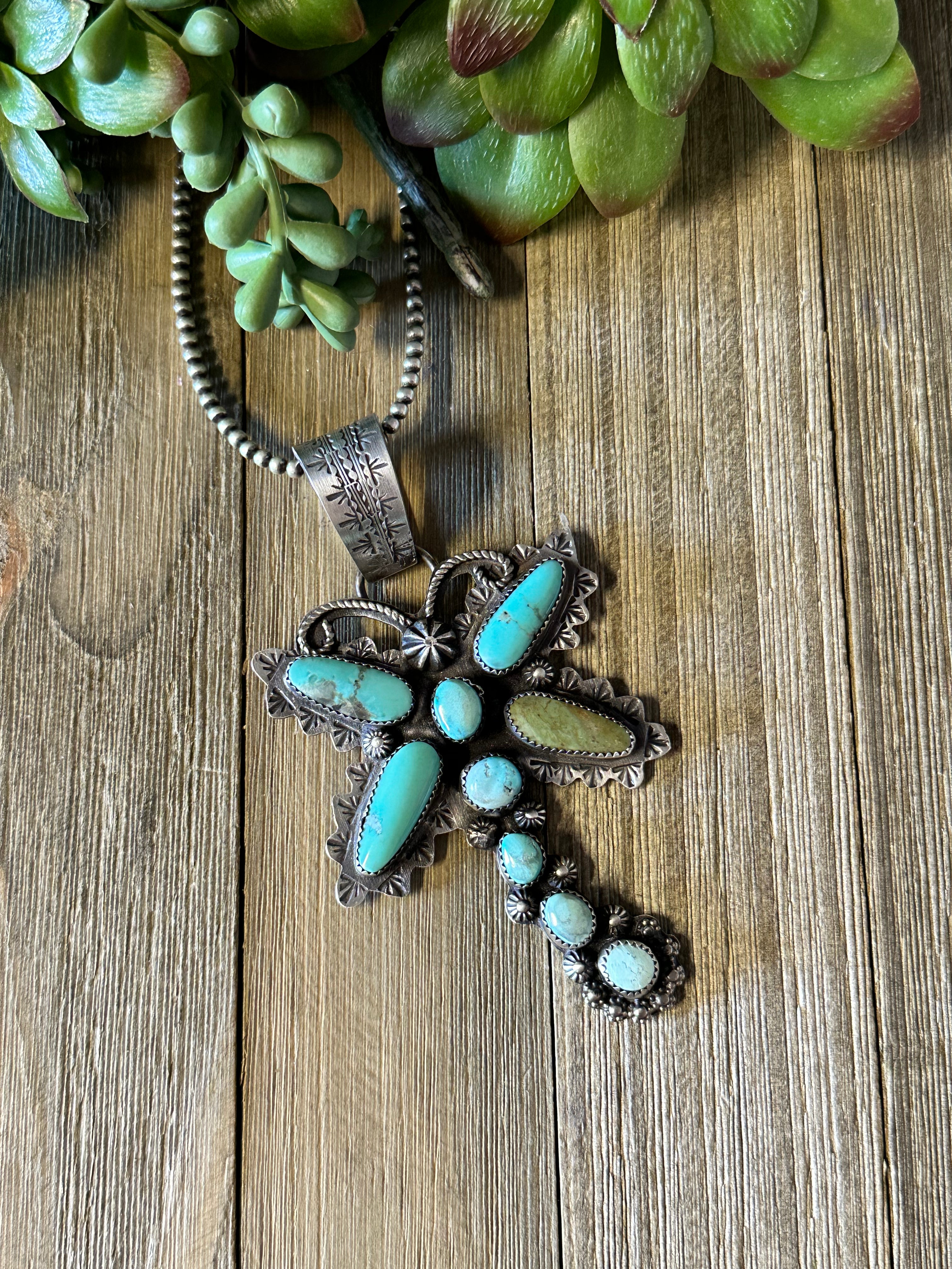 Navajo Made Kingman Turquoise & Sterling Silver Butterfly Pendant