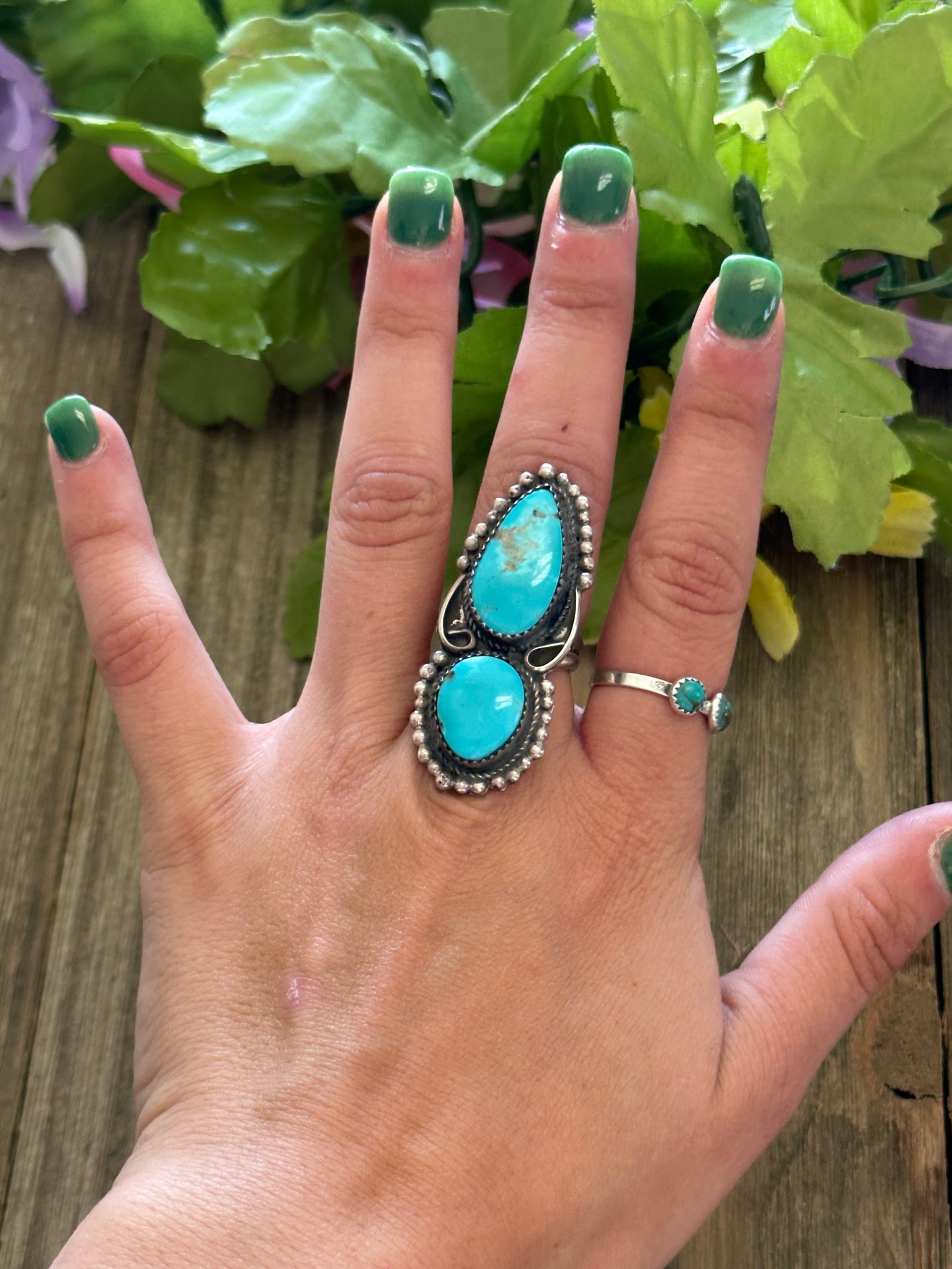 Rena Shelly Kingman Turquoise & Sterling Silver Ring Size 5.75