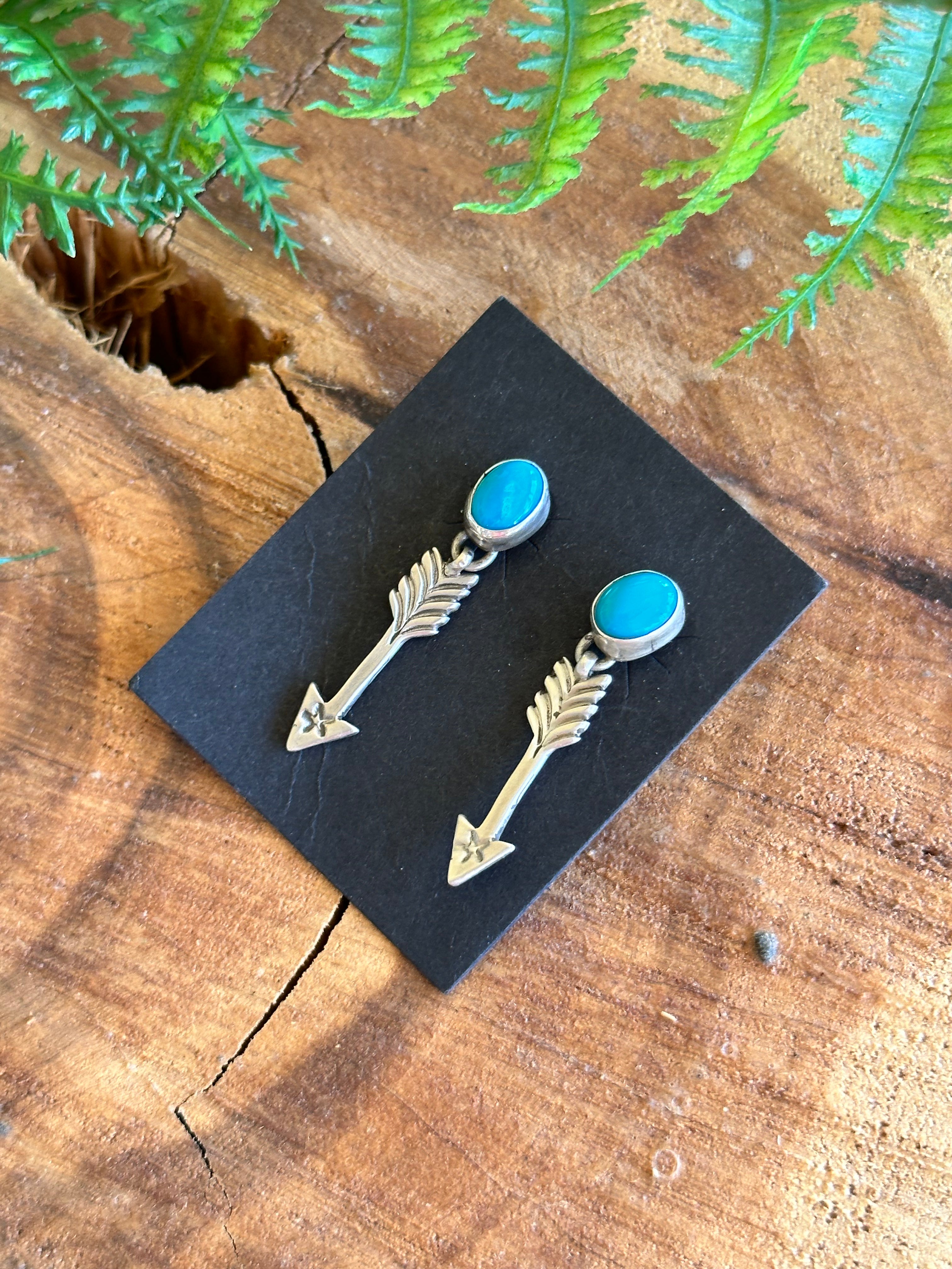 Navajo Made Kingman Turquoise Sterling Silver Post Dangle Arrow Earrings