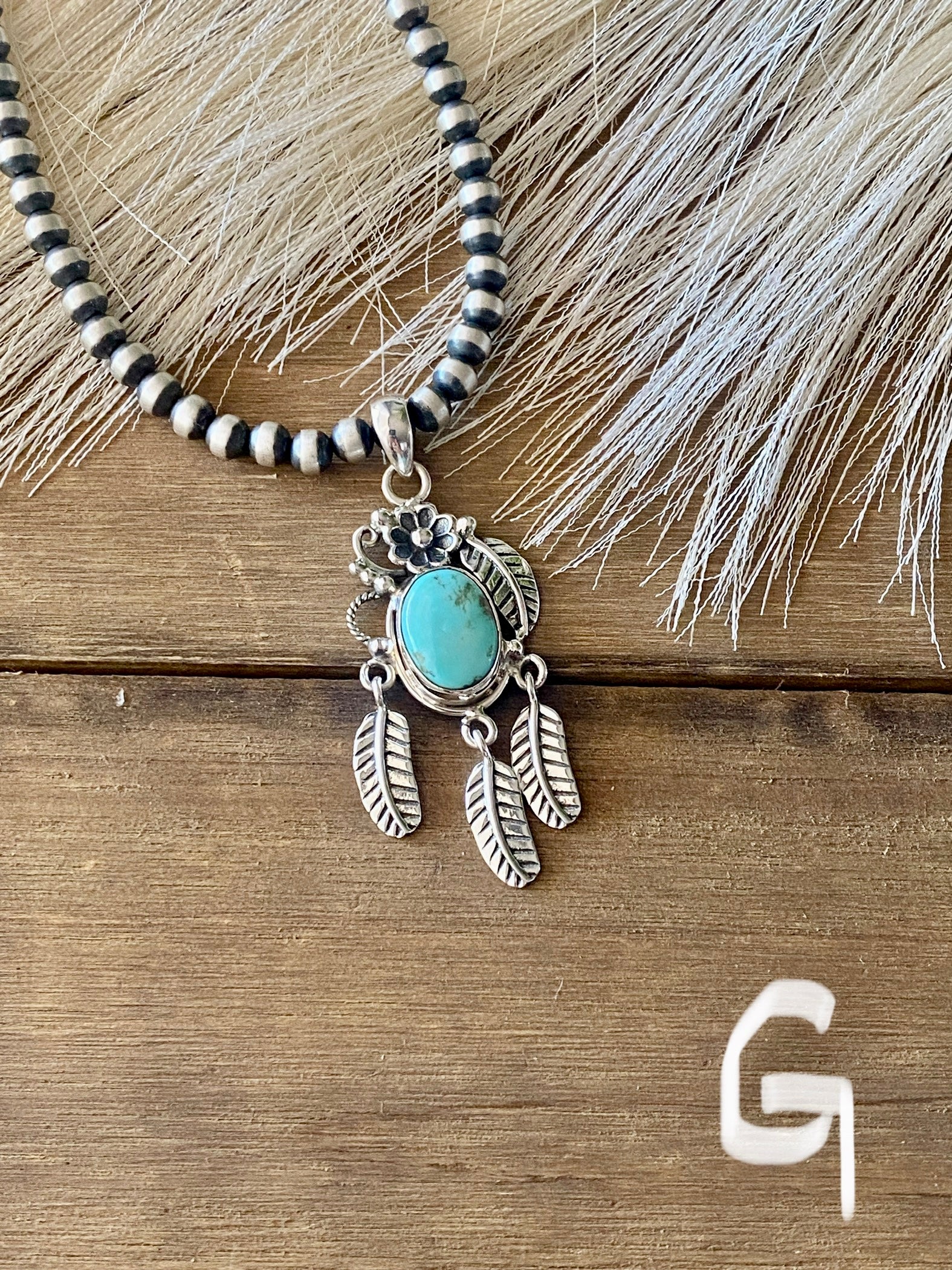 Southwest Handmade Kingman Turquoise & Sterling Silver Feather Pendant