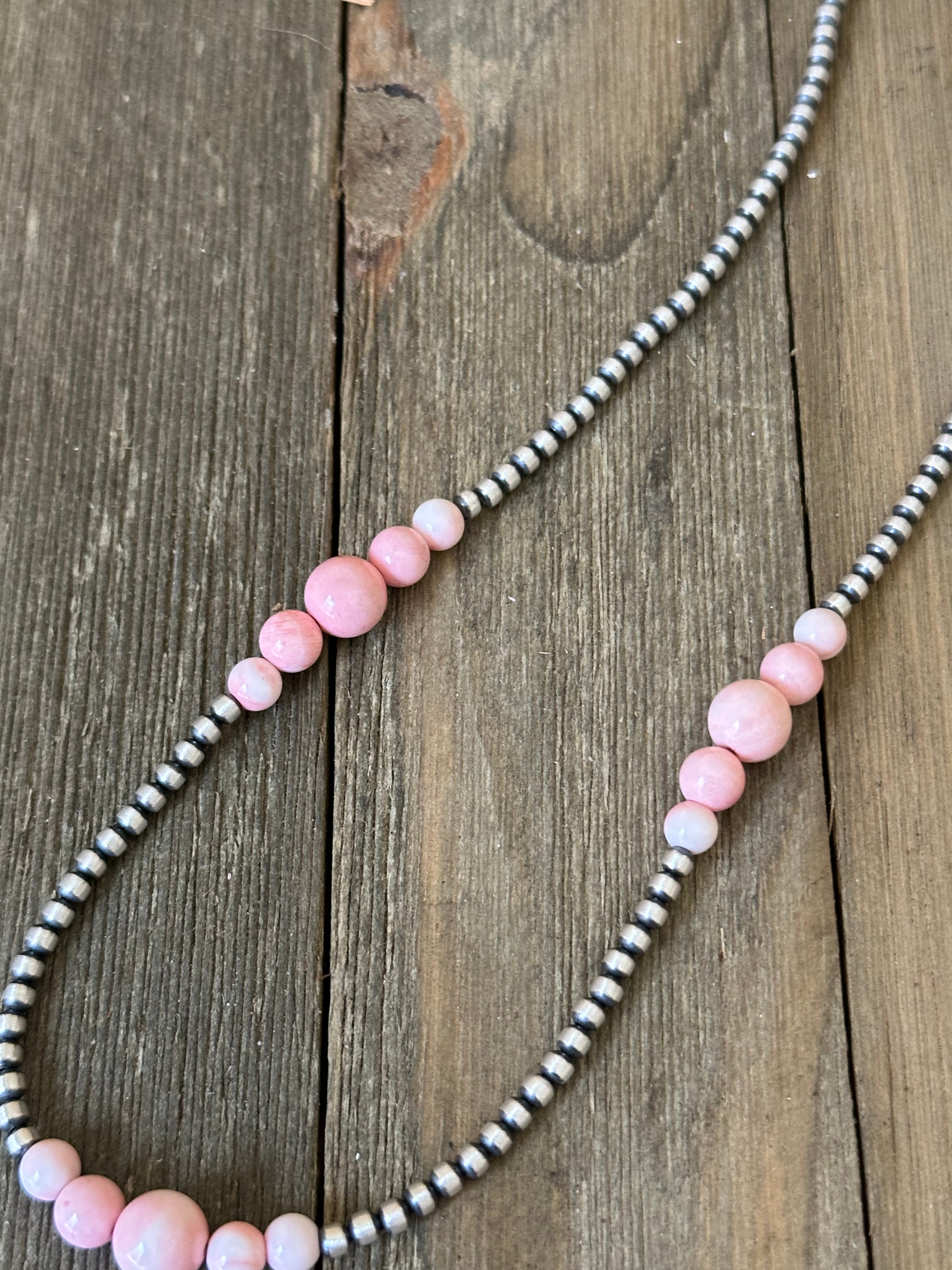 Navajo Strung Pink Conch & Sterling Silver 3 MM Pearls Beaded Necklace