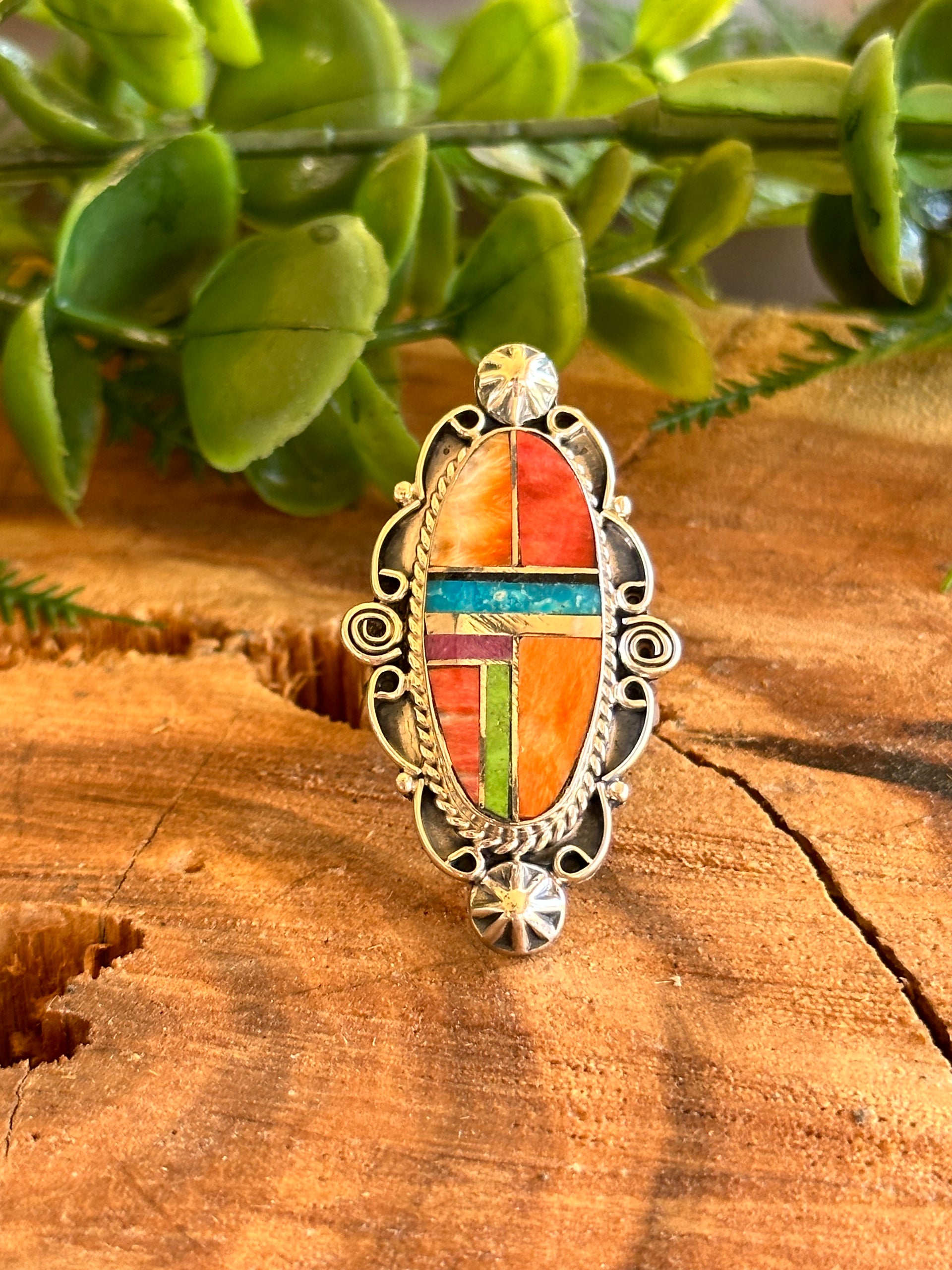 Navajo Made Multi Stone Ring & Sterling Silver Inlay Ring Size 8.5