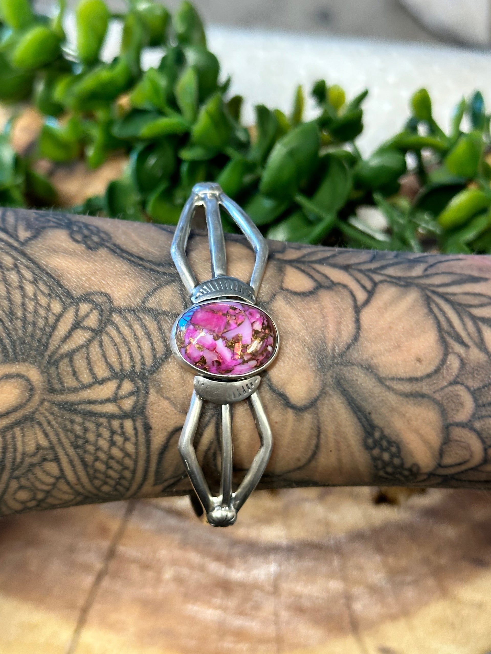 Navajo Made Pink Mohave & Sterling Silver Cuff Bracelet