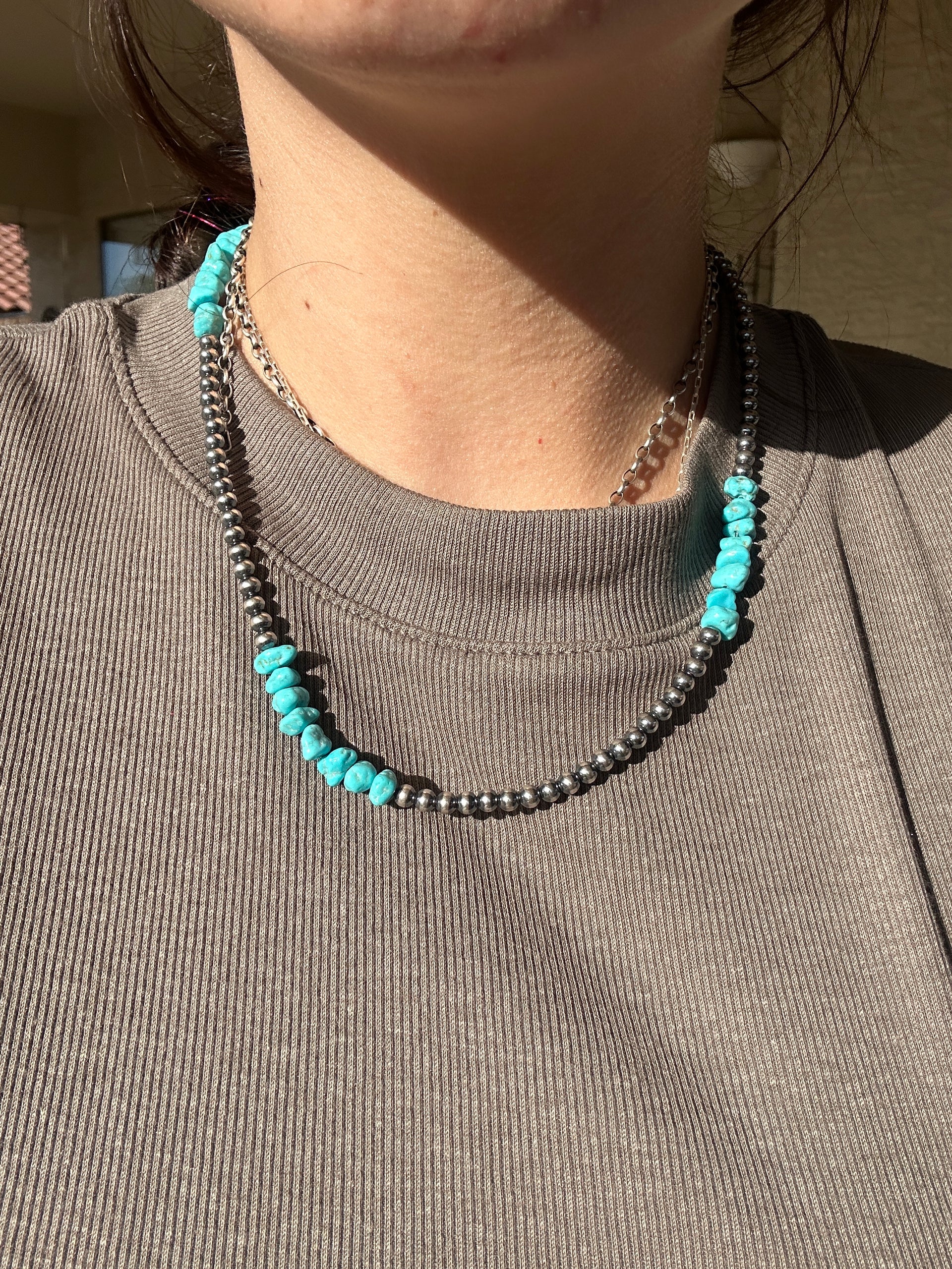 Navajo Made Kingman Turquoise & Sterling Silver 4 MM 18 Inch Pearl Necklace