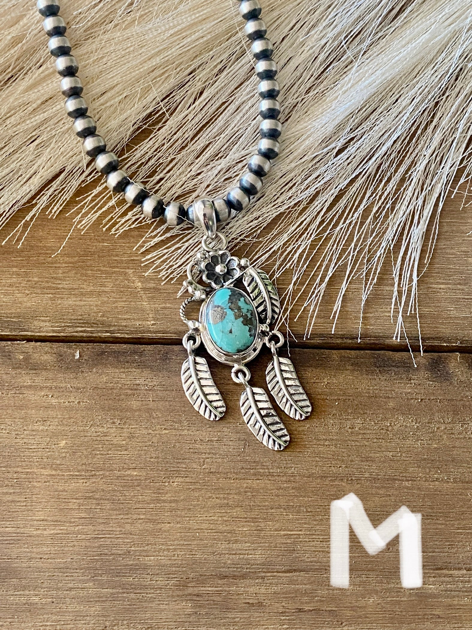 Southwest Handmade Kingman Turquoise & Sterling Silver Feather Pendant