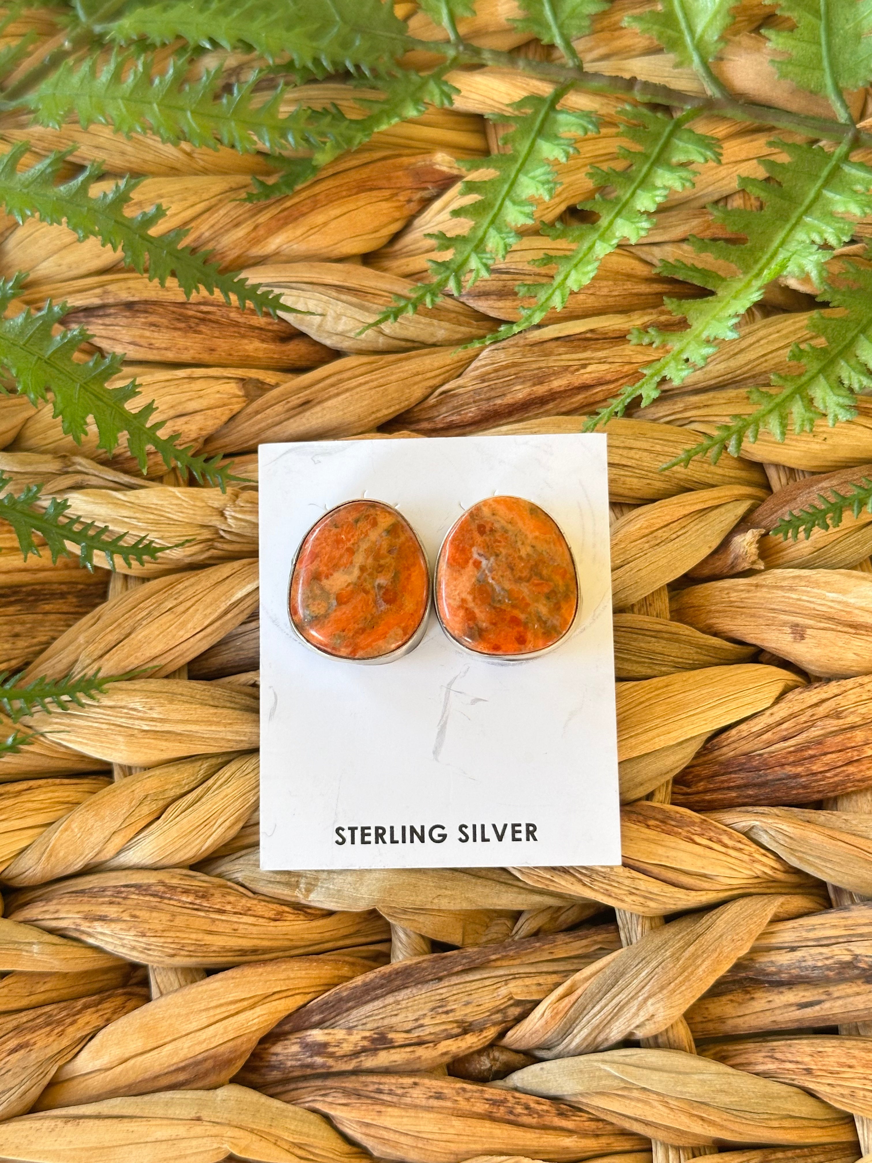 Navajo Made Apple Coral & Sterling Silver Post Earrings