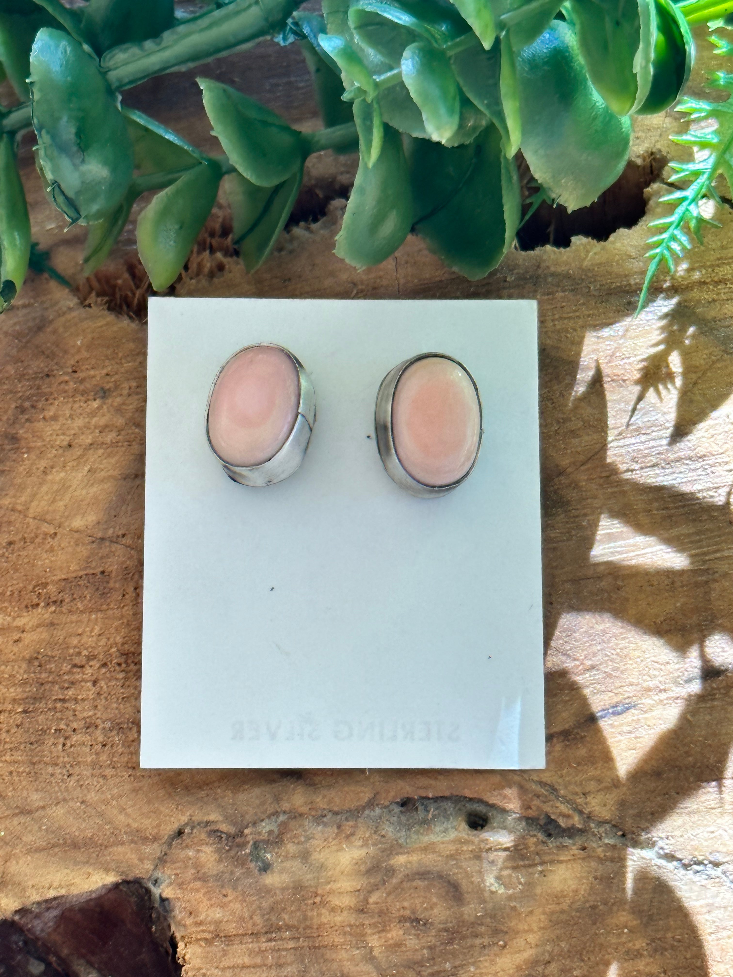 Navajo Handmade Pink Conch & Sterling Silver Post Earrings