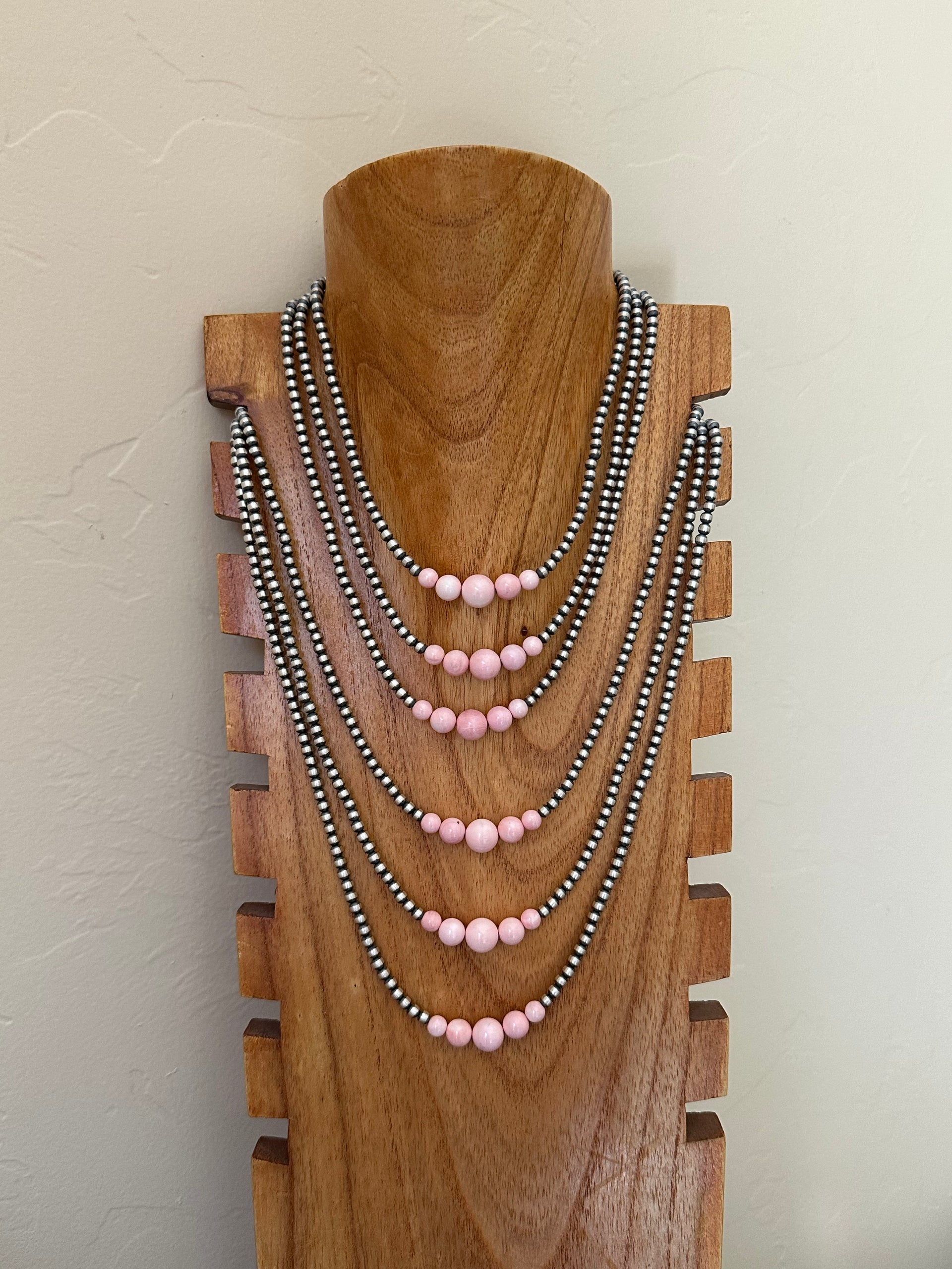Navajo Strung Pink Conch & Sterling Silver 4 MM Pearls Beaded Necklace