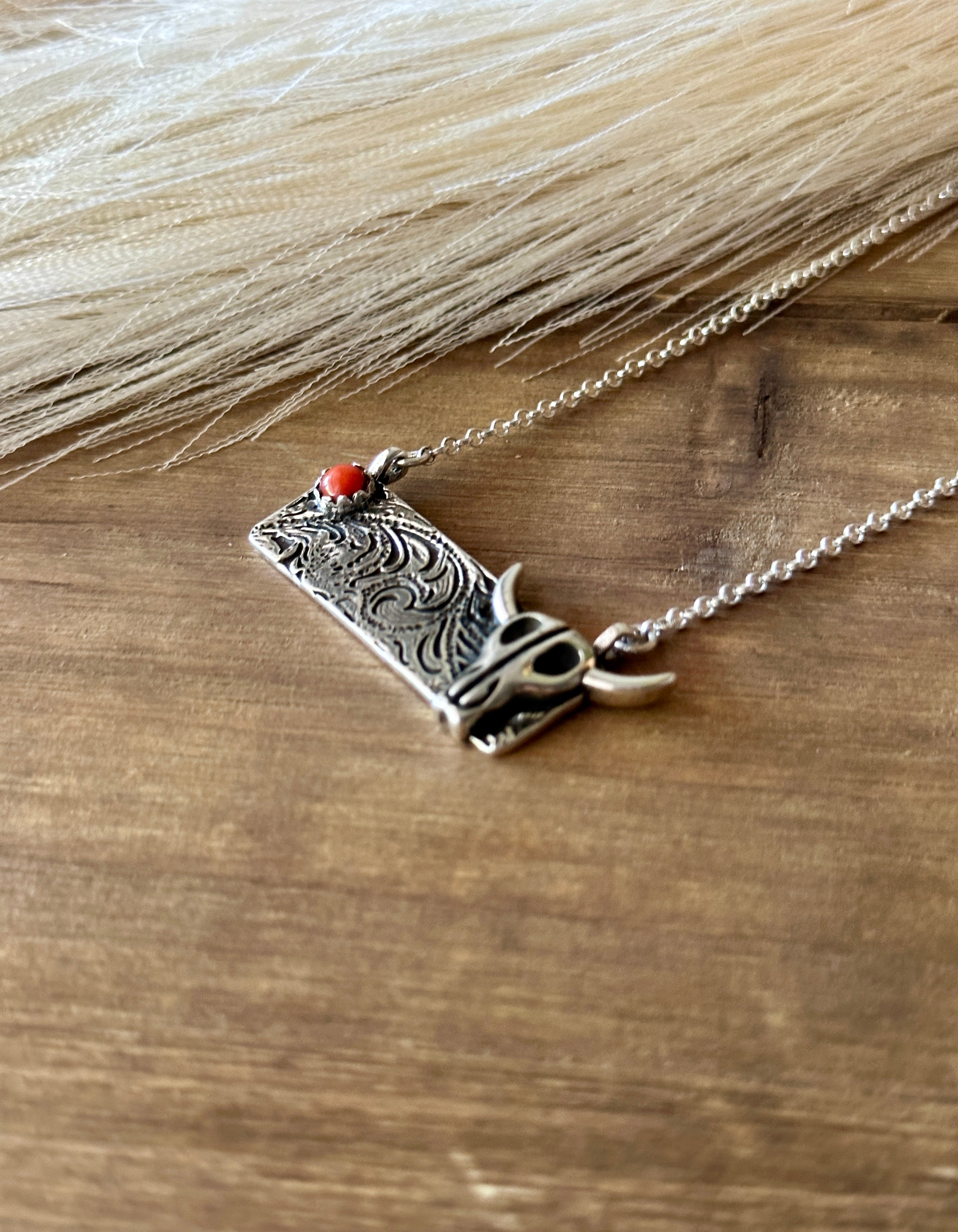 Southwest Handmade Coral & Sterling Silver Steer Bar Necklace