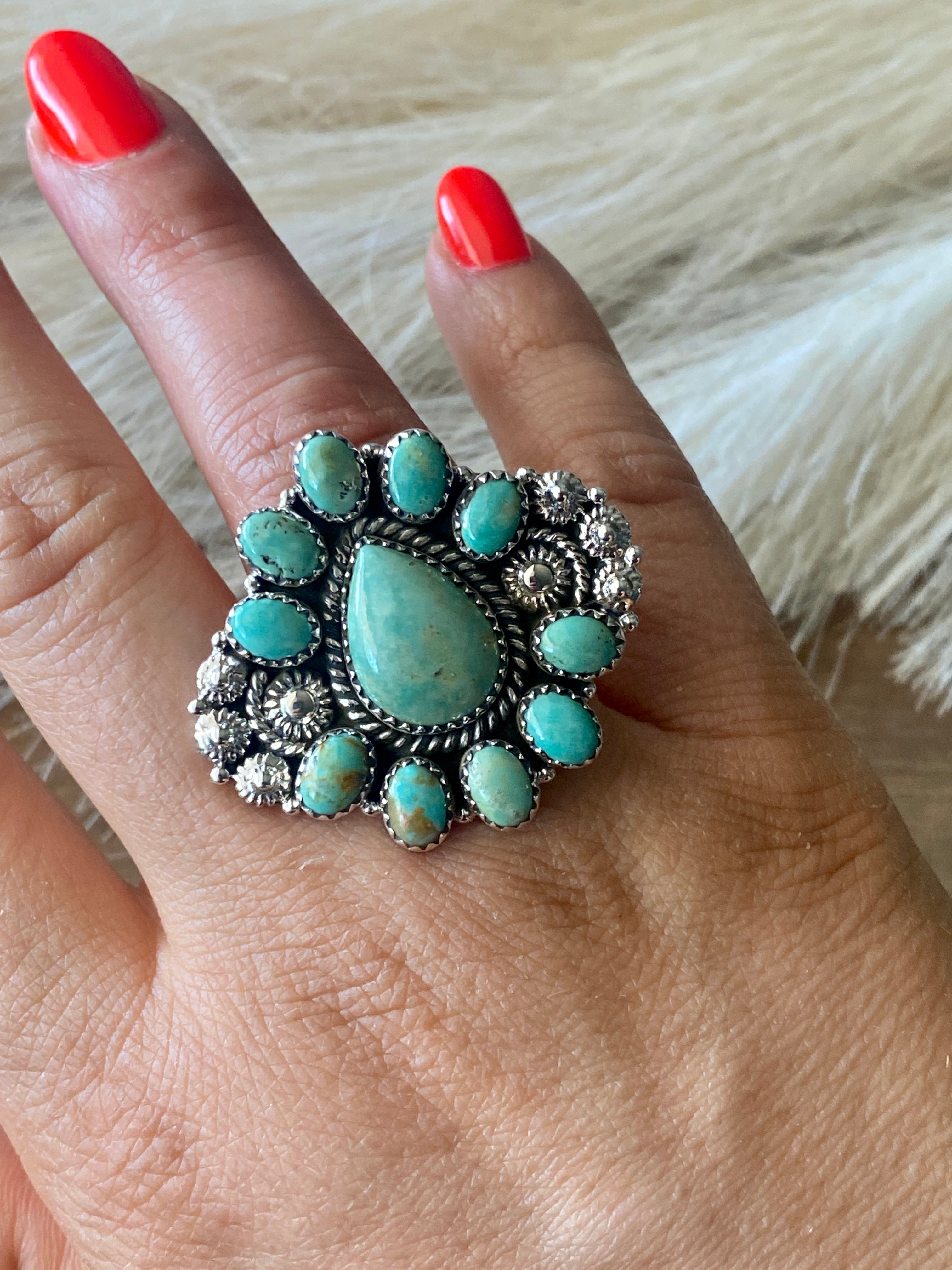 #2 Southwest Handmade Royston Turquoise & Sterling Silver Cluster Adjustable Ring