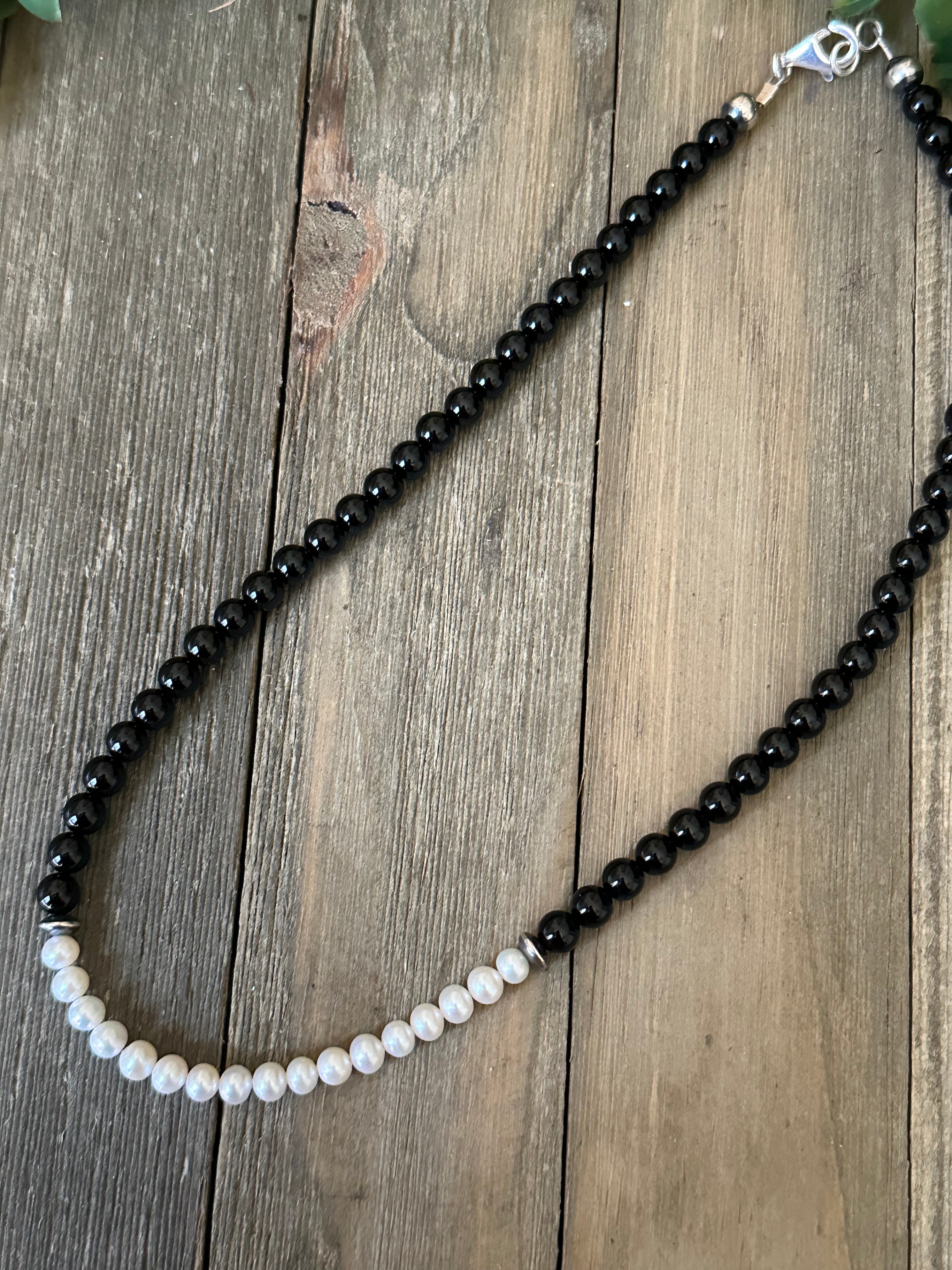 Navajo Strung Onyx & Fresh Wayer Pearls & Sterling Silver Beaded Necklace