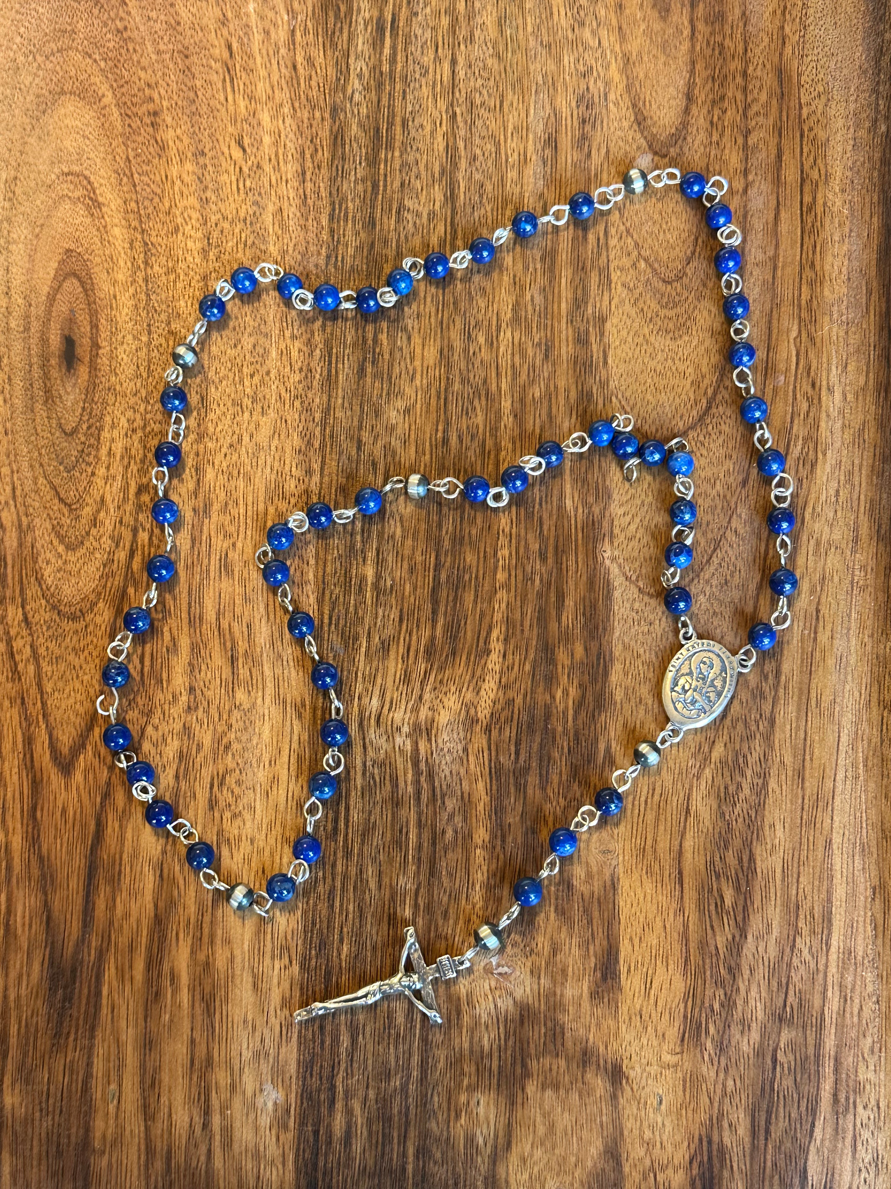 Navajo Strung Lapis & Sterling Silver Beaded Pearls Rosarie Necklace