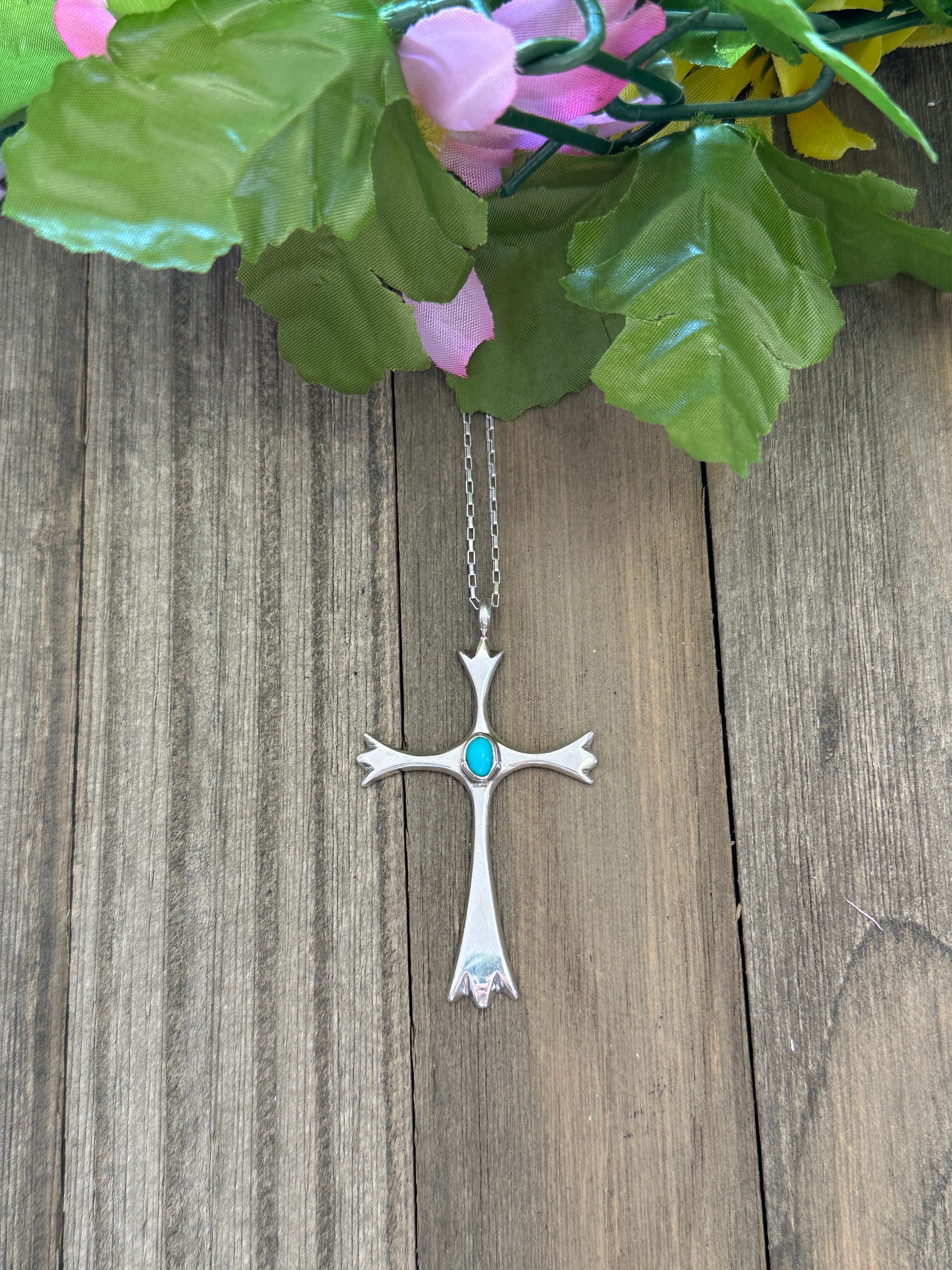 Navajo Made Kingman Turquoise & Sterling Silver Cross Pendant