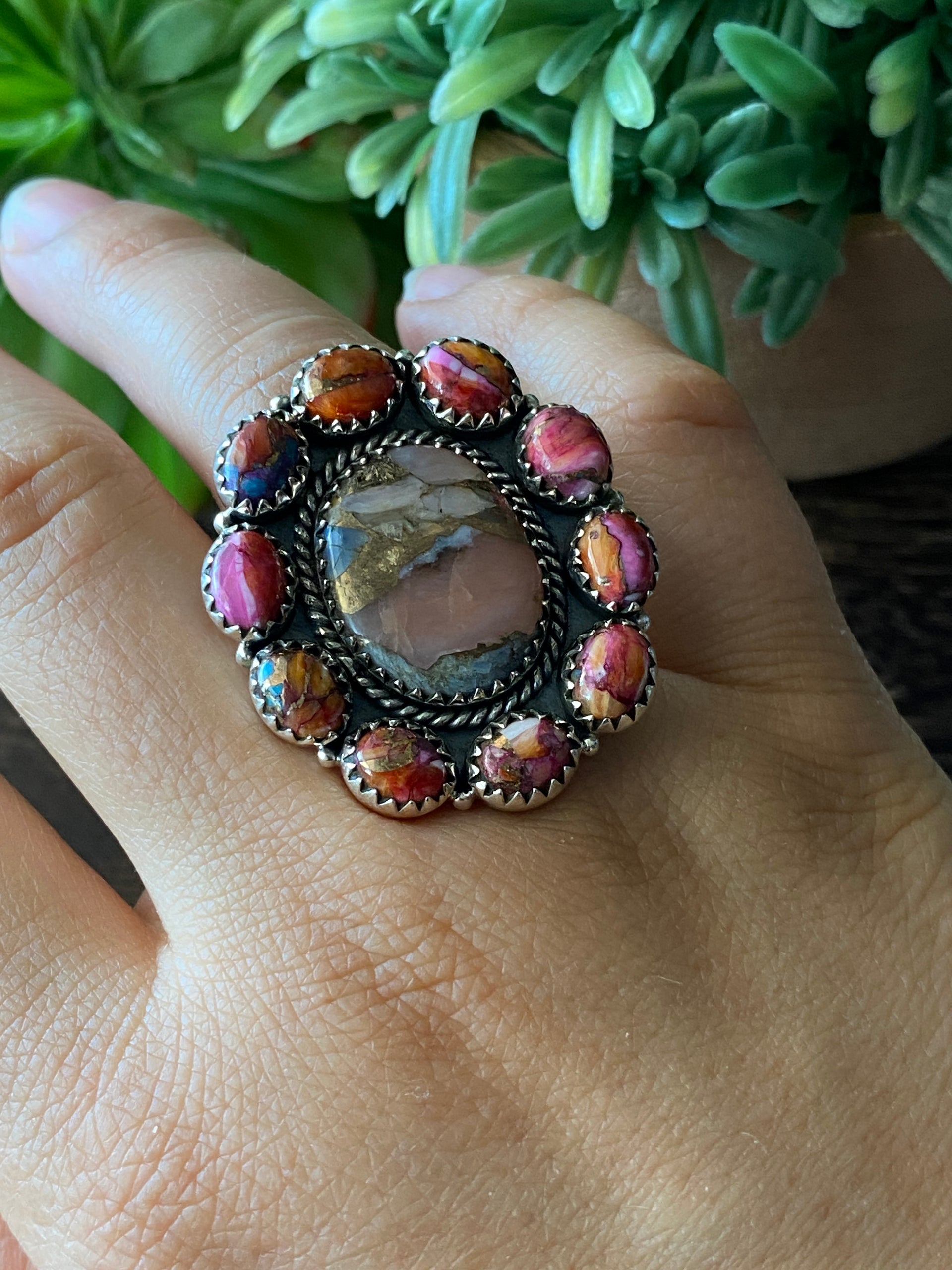 Southwest Handmade Multi Stone & Sterling Silver Adjustable Cluster Ring
